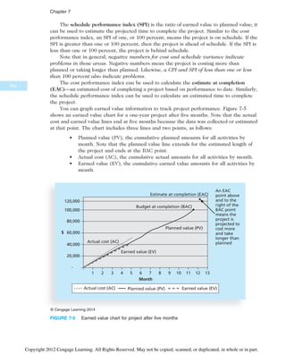The schedule performance index (SPI) is the ratio of earned value to planned value; it
can be used to estimate the projected time to complete the project. Similar to the cost
performance index, an SPI of one, or 100 percent, means the project is on schedule. If the
SPI is greater than one or 100 percent, then the project is ahead of schedule. If the SPI is
less than one or 100 percent, the project is behind schedule.
Note that in general, negative numbers for cost and schedule variance indicate
problems in those areas. Negative numbers mean the project is costing more than
planned or taking longer than planned. Likewise, a CPI and SPI of less than one or less
than 100 percent also indicate problems.
The cost performance index can be used to calculate the estimate at completion
(EAC)—an estimated cost of completing a project based on performance to date. Similarly,
the schedule performance index can be used to calculate an estimated time to complete
the project.
You can graph earned value information to track project performance. Figure 7-5
shows an earned value chart for a one-year project after five months. Note that the actual
cost and earned value lines end at five months because the data was collected or estimated
at that point. The chart includes three lines and two points, as follows:
• Planned value (PV), the cumulative planned amounts for all activities by
month. Note that the planned value line extends for the estimated length of
the project and ends at the BAC point.
• Actual cost (AC), the cumulative actual amounts for all activities by month.
• Earned value (EV), the cumulative earned value amounts for all activities by
month.
120,000
Month
80,000
60,000
40,000
20,000
-
$
Earned value (EV)
1 2 3 4 5 6 7 8
100,000
9 10 11
Actual cost (AC)
Planned value (PV)
Budget at completion (BAC)
Estimate at completion (EAC)
12 13
An EAC
point above
and to the
right of the
BAC point
means the
project is
projected to
cost more
and take
longer than
planned
Actual cost (AC) Planned value (PV) Earned value (EV)
© Cengage Learning 2014
FIGURE 7-5 Earned value chart for project after five months
294
Chapter 7
Copyright 2012 Cengage Learning. All Rights Reserved. May not be copied, scanned, or duplicated, in whole or in part.
 