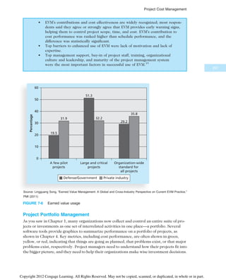 • EVM’s contributions and cost effectiveness are widely recognized; most respon-
dents said they agree or strongly agree that EVM provides early warning signs,
helping them to control project scope, time, and cost. EVM’s contribution to
cost performance was ranked higher than schedule performance, and the
difference was statistically significant.
• Top barriers to enhanced use of EVM were lack of motivation and lack of
expertise.
• Top management support, buy-in of project staff, training, organizational
culture and leadership, and maturity of the project management system
were the most important factors in successful use of EVM.19
Project Portfolio Management
As you saw in Chapter 1, many organizations now collect and control an entire suite of pro-
jects or investments as one set of interrelated activities in one place—a portfolio. Several
software tools provide graphics to summarize performance on a portfolio of projects, as
shown in Chapter 4. Key metrics, including cost performance, are often shown in green,
yellow, or red, indicating that things are going as planned, that problems exist, or that major
problems exist, respectively. Project managers need to understand how their projects fit into
the bigger picture, and they need to help their organizations make wise investment decisions.
19.5
51.3
29.2
31.9 32.2
35.8
0
10
20
30
40
50
60
A few pilot
projects
Large and critical
projects
Organization-wide
standard for
all projects
Percentage
Defense/Government Private industry
Source: Lingguang Song, “Earned Value Management: A Global and Cross-Industry Perspective on Current EVM Practice,”
PMI (2011)
FIGURE 7-6 Earned value usage
297
Project Cost Management
Copyright 2012 Cengage Learning. All Rights Reserved. May not be copied, scanned, or duplicated, in whole or in part.
 