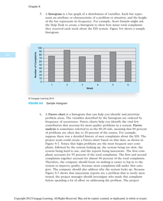 5. A histogram is a bar graph of a distribution of variables. Each bar repre-
sents an attribute or characteristic of a problem or situation, and the height
of the bar represents its frequency. For example, Scott Daniels might ask
the Help Desk to create a histogram to show how many total complaints
they received each week about the EIS system. Figure 8-6 shows a sample
histogram.
6. A Pareto chart is a histogram that can help you identify and prioritize
problem areas. The variables described by the histogram are ordered by
frequency of occurrence. Pareto charts help you identify the vital few
contributors that account for most quality problems in a system. Pareto
analysis is sometimes referred to as the 80-20 rule, meaning that 80 percent
of problems are often due to 20 percent of the causes. For example,
suppose there was a detailed history of user complaints about the EIS. The
project team could create a Pareto chart based on that data, as shown in
Figure 8-7. Notice that login problems are the most frequent user com-
plaint, followed by the system locking up, the system being too slow, the
system being hard to use, and the reports being inaccurate. The first com-
plaint accounts for 55 percent of the total complaints. The first and second
complaints together account for almost 80 percent of the total complaints.
Therefore, the company should focus on making it easier to log in to the
system to improve quality, because most complaints fall under that cate-
gory. The company should also address why the system locks up. Because
Figure 8-7 shows that inaccurate reports are a problem that is rarely men-
tioned, the project manager should investigate who made this complaint
before spending a lot of effort on addressing the problem. The project
0
10
20
30
40
50
60
70
80
90
100
1 2 3 4 5 6
Week
Number
of
Complaints
© Cengage Learning 2014
FIGURE 8-6 Sample histogram
324
Chapter 8
Copyright 2012 Cengage Learning. All Rights Reserved. May not be copied, scanned, or duplicated, in whole or in part.
 