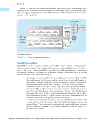 Figure 1-2 illustrates a framework to help you understand project management. Key
elements of this framework include the project stakeholders, project management knowl-
edge areas, project management tools and techniques, and the contribution of successful
projects to the enterprise.
Project Stakeholders
Stakeholders are the people involved in or affected by project activities, and include the
project sponsor, project team, support staff, customers, users, suppliers, and even oppo-
nents of the project. These stakeholders often have very different needs and expectations.
For example, building a new house is a well-known example of a project. There are several
stakeholders in a home construction project.
• The project sponsors would be the potential new homeowners. They would be
the people paying for the house and they could be on a very tight budget, so
they would expect the contractor to provide accurate estimates for the costs
of building the house. They would also need a realistic idea of when they
could move in and what type of home they could afford given their budget
constraints. The new homeowners would have to make important decisions to
keep the costs of the house within their budget. Can they afford to finish the
basement right away? If they can afford to finish the basement, will it affect
the projected move-in date? In this example, the project sponsors are also the
customers and users of the product, which is the house.
• The house may require financing by a bank or other financial institution like
a credit union, which will secure a legal interest (lien) in the property and the
finished home. This institution is an example of a legal stakeholder who must
be informed of any changes to the plans or schedule because the project is
part of a legal contract.
10 Knowledge areas Tools and
techniques
Project 1
Project 2
Project 3
Project 4
Project portfolio
Enterprise
success
Stakeholders’
needs and
expectations
Time
management
Cost
management
Quality
management
Scope
management
Human
resource
management
Communications
management
Risk
management
Procurement
management
Stakeholder
management
Project
success
Project integration management
© Cengage Learning 2014
FIGURE 1-2 Project management framework
10
Chapter 1
Copyright 2012 Cengage Learning. All Rights Reserved. May not be copied, scanned, or duplicated, in whole or in part.
 