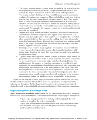 • The project manager in this example would normally be the general contrac-
tor responsible for building the house. The project manager needs to work
with all the project stakeholders to meet their needs and expectations.
• The project team for building the house would include several construction
workers, electricians, and carpenters. These stakeholders would need to know
exactly what work they must do and when they need to do it. They would
need to know if the required materials and equipment will be at the con-
struction site or if they are expected to provide the materials and equipment.
Their work would need to be coordinated because many interrelated factors
are involved. For example, the carpenter cannot put in kitchen cabinets until
the walls are completed.
• Support staff might include the buyers’ employers, the general contractor’s
administrative assistant, and people who support other stakeholders. The
buyers’ employers might expect their employees to complete their work but
allow some flexibility so they can visit the building site or take phone calls
related to building the house. The contractor’s administrative assistant would
support the project by coordinating meetings between the buyers, the con-
tractor, suppliers, and other parties.
• Building a house requires many suppliers. The suppliers would provide the
wood, windows, flooring, appliances, and other materials. Suppliers would
expect exact details on the items they need to provide, and where and when
to deliver those items.
• A project might have opponents. In this example, a neighbor might oppose the
project because the workers make so much noise that she cannot concentrate
on her work at home, or the noise might wake her sleeping children. She
might interrupt the workers to voice her complaints or even file a formal
complaint. Or, the neighborhood might have association rules concerning new
home design and construction. If the homeowners do not follow these rules,
they might have to halt construction due to legal issues. Even without such
complaints, the home must comply with certain building codes and other
restrictions; these considerations may also result in changes to the project’s
requirements, making the local government a stakeholder in the project.
As you can see from this example, projects have many different stakeholders, and they
often have different interests. Stakeholders’ needs and expectations are important in the
beginning and throughout the life of a project. Successful project managers develop good
relationships with project stakeholders to understand and meet their needs and expectations.
Project Management Knowledge Areas
Project management knowledge areas describe the key competencies that project managers
must develop. The center of Figure 1-2 shows the 10 knowledge areas of project management.
1. Project scope management involves defining and managing all the work
required to complete the project successfully.
2. Project time management includes estimating how long it will take to com-
plete the work, developing an acceptable project schedule, and ensuring
timely completion of the project.
11
Introduction to Project Management
Copyright 2012 Cengage Learning. All Rights Reserved. May not be copied, scanned, or duplicated, in whole or in part.
 