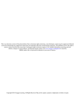 This is an electronic version of the print textbook. Due to electronic rights restrictions, some third party content may be suppressed. Editorial
review has deemed that any suppressed content does not materially affect the overall learning experience. The publisher reserves the right to
remove content from this title at any time if subsequent rights restrictions require it. For valuable information on pricing, previous
editions, changes to current editions, and alternate formats, please visit www.cengage.com/highered to search by
ISBN#, author, title, or keyword for materials in your areas of interest.
Copyright 2012 Cengage Learning. All Rights Reserved. May not be copied, scanned, or duplicated, in whole or in part.
 