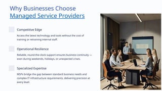Why Businesses Choose
Managed Service Providers
Competitive Edge
Access the latest technology and tools without the cost of
training or retraining internal staff.
Operational Resilience
Reliable, round-the-clock support ensures business continuity —
even during weekends, holidays, or unexpected crises.
Specialized Expertise
MSPs bridge the gap between standard business needs and
complex IT infrastructure requirements, delivering precision at
every level.
 
