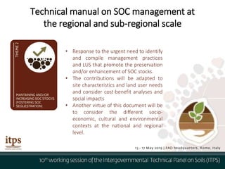Technical manual on SOC management at
the regional and sub-regional scale
• Response to the urgent need to identify
and compile management practices
and LUS that promote the preservation
and/or enhancement of SOC stocks.
• The contributions will be adapted to
site characteristics and land user needs
and consider cost-benefit analyses and
social impacts
• Another virtue of this document will be
to consider the different socio-
economic, cultural and environmental
contexts at the national and regional
level.
 