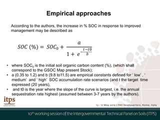𝑆𝑂𝐶 (%) = 𝑆𝑂𝐶0 +
𝑎
1 + 𝑒−
𝑡−𝑡0
𝑏
Empirical approaches
According to the authors, the increase in % SOC in response to improved
management may be described as
• where SOC0 is the initial soil organic carbon content (%), (which shall
correspond to the GSOC Map present Stock);
• a (0.35 to 1.2) and b (9.8 to11.5) are empirical constants defined for ‘ low’ , ‘
medium’ and ‘ high’ SOC accumulation rate scenarios (and t the target time
expressed (20 years),
• and t0 is the year where the slope of the curve is largest, i.e. the annual
sequestration rate highest (assumed between 3-7 years by the authors).
 
