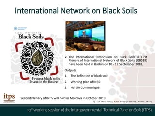 International Network on Black Soils
 The International Symposium on Black Soils & First
Plenary of International Network of Black Soils (ISBS18)
have been held in Harbin on 10 - 12 September 2018.
Outputs:
1. The definition of black soils
2. Working plan of INBS
3. Harbin Communiqué
Second Plenary of INBS will hold in Moldova in October 2019
 