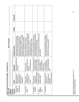 Gate 4, Proof of Commercial Feasibility – Evaluation Form Project Title Date of Evaluation Submitter Reviewers 
Category 
Goals 
Key Inputs 
Evaluation Criteria 
Yes/No 
Comments 
1. Concept Field Test and Demonstration 
Build and test pilot or field-scale unit to evaluate performance against end-user expectations 
Field test specifications and test results 
Has field testing met with proof of concept criteria? Are the results of the full-scale field testing satisfactory? Was performance of technology successfully validated? Have all technical milestones been met? Have energy benefits been recalculated as necessary? 
2. Commercialization 
Industry partner commitment to launch of new product or process 
End-user inputs; performance results from field tests; commercialization plan 
Are end-users satisfied with technology performance? Has a license been executed with a commercial partner? Have project costs been revised following field testing? Is commercialization planning complete? 
3. Competitive Advantage 
Make informed comparison with competing technologies 
Prototype performance and preliminary technology/ equipment cost analysis 
Have technology specifications or costs been revised following field testing? Does technology still have a competitive advantage? 
4. Legal/ Regulatory Issues 
Address key legal and regulatory issues 
Environmental benefits or issues; regulatory incentives; intellectual property issues 
Have all legal, regulatory and compliance issues been resolved? 
5. Dissemination 
Determine continuing needs for ITP technology transfer or information dissemination activities 
End-user feedback, commercialization plan, information dissemination plan 
Is there a technology transfer or information dissemination role for ITP? What are potential mechanisms for technology transfer? 
Stage Gate Portfolio Management Guidelines (V 1.2) 27 Industrial Technologies Program 