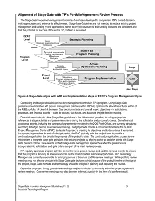 EERE 
Level 
Project 
Level 
Multi-Year 
Program Planning 
Program Planning 
SStrtarateteggicic P Plalannnniningg 
Annual 
Operations Planning 
Annual 
Operations Planning 
PPrrooggraramm I mImpplelemmeenntatatitoionn Obligations 
Program guidance letters 
Work authorizations 
Contracts, Grants 
Vision 
Strategic goals/objectives 
Stra es 
Technical requirements 
Funding requirements 
Milestones 
Projects 
Spend plans 
Acquisition Plans 
Program 
Next Stage 
SStataggee 
GGaatete 
Strategic Planning 
Program Implementation 
Stage 
Gate 
Alignment of Stage-Gate with ITP‘s Portfolio/Agreement Review Process 
The Stage-Gate Innovation Management Guidelines have been developed to complement ITP‘s current decision- making processes and enhance its effectiveness. Stage-Gate Guidelines are not intended to replace existing project management and funding review approaches, rather to provide structure so that funding decisions are consistent and that the potential for success of the entire ITP portfolio is increased. 
Level 
C 
RADAs tegi Budgets Multi-Year 
Strategic Planning Program ImplementationObligations CRADAsVision Strategies BudgetsProjects Stage Gate 
Figure 4. Stage-Gate aligns with AOP and Implementation steps of EERE‘s Program Management Cycle 
Contracting and budget allocation are two key management controls in ITP‘s program. Using Stage-Gate guidelines in combination with proven management practices within ITP help optimize the allocation of funds within of the R&D portfolio. A clear link between Gate decision criteria and overall project objectives oe in solicitations, proposals, and financial awards oe leads to focused, fact-based, and balanced project decision-making. 
Financial awards should follow Stage-Gate guidelines to the fullest extent possible, including appropriate references to stage activities and gate review criteria during the solicitation and proposal process. Some financial assistance awards, including the contractual agreements overseen by the DOE Field Offices, are currently structured according to budget periods to aid decision-making. Budget periods provide a convenient timeframe for the DOE Project Management Centers (PMC) to decide if a project is meeting its objectives and to discontinue if warranted. As a project approaches the end of a budget period, the PMC typically asks the project team to provide a continuation application that details the progress of the project to date. The continuation application process is one mechanism to integrate stage-gate principles into existing projects by aligning go/no-go decision points with Stage- Gate decision criteria. New awards embody Stage-Gate management approaches when the guidelines are incorporated into solicitations and gate criteria are part of the merit review process. 
ITP regularly appraises program activities in merit reviews, project reviews and portfolio reviews in order to ensure that the program is focusing its scarce resources on the most important technical opportunities. ITP Technology Managers are currently responsible for arranging annual or biannual portfolio review meetings. While portfolio review meetings may not always coincide with Stage-Gate gate decision points because of the project timeline or the size of the project, Stage-Gate methods and terminology should be integral in planning and executing the reviews. 
Depending on project timing, gate review meetings may be conducted concurrently with other project/agreement review meetings. Gate review meetings may also be more informal, possibly in the form of a conference call. 
Stage Gate Innovation Management Guidelines (V 1.3) 5 
Industrial Technologies Program 
 