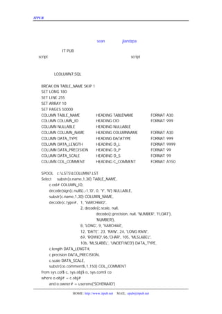 ITPUB µç×ÓÔÓÖ¾                                                                    ¼¸¸ö³£ÓÃ½Å±¾



                                  ¼¸¸ö³£ÓÃ½Å±¾

                             ×÷Õß£º ÕûÀí£º
                                sean   jlandzpa

   ÊÕµ½µÚÒ»ÆÚ µç×Ó¿¯Îï£¬¾õµÃºÜºÃ£¬Ò»¶¨»á¶Ô´ó¼ÒÓÐºÜ¶à
           IT PUB
µÄ
 script¡·Ò»ÎÄµÄÆô·¢£¬ÎÒÏë°Ñ×Ô¼º¾õµÃ±È½ÏÓÐÓÃµÄ¼¸¸ö
                            script ¹±Ï×³öÀ´£¬ºÍ´ó¼Ò¹²Ïí¡

   Ò»¡¢´´½¨ÓÃ»§Êý¾Ý×ÖµäµÄ½Å±¾
   ÎÄ¼þÃû
      LCOLUMN7.SQL


   BREAK ON TABLE_NAME SKIP 1
   SET LONG 180
   SET LINE 255
   SET ARRAY 10
   SET PAGES 50000
   COLUMN TABLE_NAME          HEADING TABLENAME                          FORMAT A30
   COLUMN COLUMN_ID           HEADING CID                                FORMAT 999
   COLUMN NULLABLE            HEADING NULLABLE
   COLUMN COLUMN_NAME         HEADING COLUMNNAME                         FORMAT   A30
   COLUMN DATA_TYPE           HEADING DATATYPE                           FORMAT   999
   COLUMN DATA_LENGTH         HEADING D_L                                FORMAT   9999
   COLUMN DATA_PRECISION      HEADING D_P                                FORMAT   99
   COLUMN DATA_SCALE          HEADING D_S                                FORMAT   99
   COLUMN COL_COMMENT         HEADING C_COMMENT                          FORMAT   A150


   SPOOL c:LSTSLCOLUMN7.LST
   Select substr(o.name,1,30) TABLE_NAME,
       c.col# COLUMN_ID,
       decode(sign(c.null$),-1,'D', 0, 'Y', 'N') NULLABLE,
       substr(c.name,1,30) COLUMN_NAME,
       decode(c.type#, 1, 'VARCHAR2',
                          2, decode(c.scale, null,
                                    decode(c.precision, null, 'NUMBER', 'FLOAT'),
                                    'NUMBER'),
                          8, 'LONG', 9, 'VARCHAR',
                          12, 'DATE', 23, 'RAW', 24, 'LONG RAW',
                          69, 'ROWID',96,'CHAR', 105, 'MLSLABEL',
                          106, 'MLSLABEL', 'UNDEFINED') DATA_TYPE,
       c.length DATA_LENGTH,
       c.precision DATA_PRECISION,
       c.scale DATA_SCALE,
       substr(co.comment$,1,150) COL_COMMENT
   from sys.col$ c, sys.obj$ o, sys.com$ co
   where o.obj# = c.obj#
       and o.owner# = userenv('SCHEMAID')

                     HOME: http://www.itpub.net   MAIL: epub@itpub.net
 