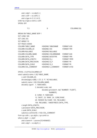 ITPUB µç×ÓÔÓÖ¾                                                                 ¼¸¸ö³£ÓÃ½Å±¾


       and c.obj# = co.obj#(+)
       and c.col# = co.col#(+)
       and o.type in (1,2,3,4,5)
   order by o.type,o.name,c.col#;
   SPOOL OFF

   ÒÔÉÏÊÇÕë¶Ô
        7.3 ·þÎñÆ÷µÄ½Å±¾£¬Èç¹ûÊÇ
                      8 °æ±¾µÄ·þÎñÆ÷ÒªÉÔ×÷ÐÞ¸Ä£ È
                                     COLUMN8.SQL£º ¬ ç


   BREAK ON TABLE_NAME SKIP 1
   SET LONG 180
   SET LINE 255
   SET ARRAY 10
   SET PAGES 50000
   COLUMN TABLE_NAME          HEADING TABLENAME                   FORMAT A30
   COLUMN COLUMN_ID           HEADING CID                         FORMAT 999
   COLUMN NULLABLE            HEADING NULLABLE
   COLUMN COLUMN_NAME         HEADING COLUMNNAME                  FORMAT A30
   COLUMN DATA_TYPE           HEADING DATATYPE                    FORMAT 999
   COLUMN DATA_LENGTH         HEADING D_L                         FORMAT 9999
   COLUMN DATA_PRECISION      HEADING D_P                         FORMAT 99
   COLUMN DATA_SCALE          HEADING D_S                         FORMAT 99
   COLUMN COL_COMMENT         HEADING C_COMMENT                   FORMAT A150

   SPOOL c:LSTSLCOLUMN8.LST
   select substr(o.name,1,30) TABLE_NAME,
        c.col# COLUMN_ID,
        decode(sign(c.null$),-1,'D', 0, 'Y', 'N') NULLABLE,
        substr(c.name,1,30) COLUMN_NAME,
        decode(c.type#, 1, 'VARCHAR2',
                          2, decode(c.scale, null,
                                     decode(c.precision#, null, 'NUMBER', 'FLOAT'),
                                                 'NUMBER'),
                          8, 'LONG', 9, 'VARCHAR',
                          12, 'DATE', 23, 'RAW', 24, 'LONG RAW',
                          69, 'ROWID',96,'CHAR', 105, 'MLSLABEL',
                          106, 'MLSLABEL', 'UNDEFINED') DATA_TYPE,
        c.length DATA_LENGTH,
        c.precision# DATA_PRECISION,
        c.scale DATA_SCALE,
        substr(co.comment$,1,150) COL_COMMENT
   from sys.col$ c, sys.obj$ o, sys.com$ co
   where o.obj# = c.obj#
        and o.owner# = userenv('SCHEMAID')
        and c.obj# = co.obj#(+)


                     HOME: http://www.itpub.net   MAIL: epub@itpub.net
 