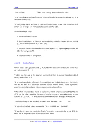 ITPUB µç×ÓÔÓÖ¾                                                           ÅàÑµ£ºLesson 1-10
                                                                             001


  User-defined                   Values must comply with the business rules.


* A primary key consisting of multiple columns is called a composite primary key or a
compound primary key.


* A foreign key (FK) is a column or combination of columns in one table that refers to a
primary key or unique key in the same table or in another table.

* Database Design Steps


    1. Map the Entities to Tables


    2. Map the Attributes to Columns: Map mandatory attributes, tagged with an asterisk
    (*), to columns defined as NOT NULL (NN).


    3. Map the Unique Identifiers to Primary Keys: symbol (#) to primary key columns and
    label the key type as PK.

    4. Map relationship to foreign keys.



Lession9    Creating Tables

* When create table, you can use $, _, # , number for table name and column name, must
start with character (ÖØµã
                        )


* Tables can have up to 254 columns and must conform to standard database object
naming conventions. -- 8i ÖÐÃ»ÓÐÏÞÖÆ


* A schema is a collection of objects. Schema objects are the logical structures that directly
refer to the data in a database. Schema objects include tables, views, synonyms,
sequences, stored procedures, indexes, clusters, and database links.

* The default value can be a literal, an expression, or SQL function, such as SYSDATE and
USER, but the value cannot be the name of another column or a pseudocolumn, such as
NEXTVAL or CURRVAL. The default expression must match the datatype of the column.

* The basic datatypes are character, number, date, and RAW. --8i ÖÐÔö¼ÓÁË
                                                                     ????


* If not refered, default values are available (38 for NUMBER and 1 for CHAR).


* If you do not name your constraint, Oracle7 generates a name with the format SYS_Cn,
where n is an integer to create a unique constraint name.



                       HOME: http://www.itpub.net MAIL: epub@itpub.net
 
