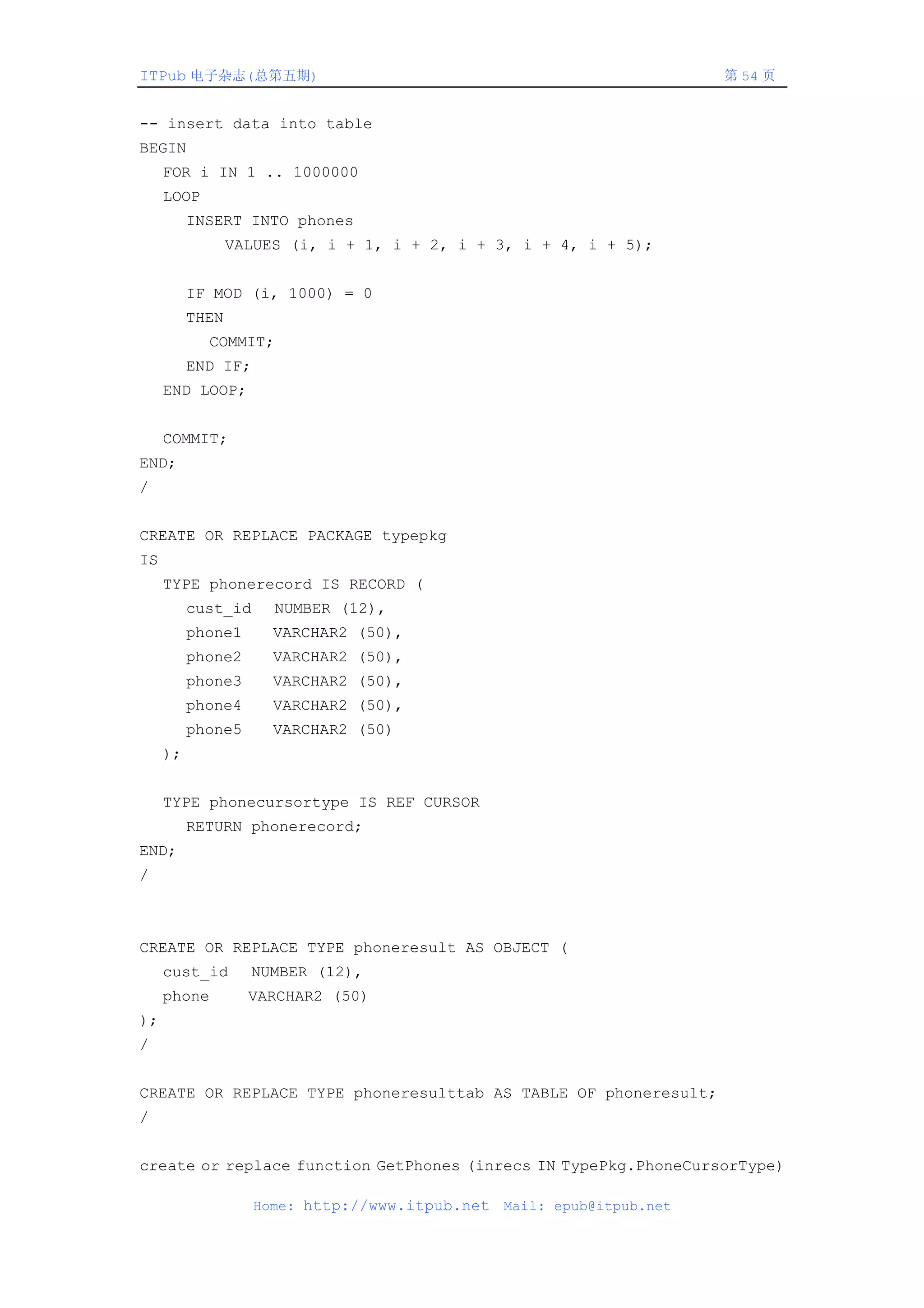 ITPub 电子杂志(总第五期)                                                        第 54 页


-- insert data into table
BEGIN
     FOR i IN 1 .. 1000000
     LOOP
          INSERT INTO phones
                 VALUES (i, i + 1, i + 2, i + 3, i + 4, i + 5);


          IF MOD (i, 1000) = 0
          THEN
            COMMIT;
          END IF;
     END LOOP;


     COMMIT;
END;
/


CREATE OR REPLACE PACKAGE typepkg
IS
     TYPE phonerecord IS RECORD (
          cust_id     NUMBER (12),
          phone1      VARCHAR2 (50),
          phone2      VARCHAR2 (50),
          phone3      VARCHAR2 (50),
          phone4      VARCHAR2 (50),
          phone5      VARCHAR2 (50)
     );


     TYPE phonecursortype IS REF CURSOR
          RETURN phonerecord;
END;
/



CREATE OR REPLACE TYPE phoneresult AS OBJECT (
     cust_id       NUMBER (12),
     phone         VARCHAR2 (50)
);
/


CREATE OR REPLACE TYPE phoneresulttab AS TABLE OF phoneresult;
/


create or replace function GetPhones (inrecs IN TypePkg.PhoneCursorType)

                    Home: http://www.itpub.net   Mail: epub@itpub.net
 