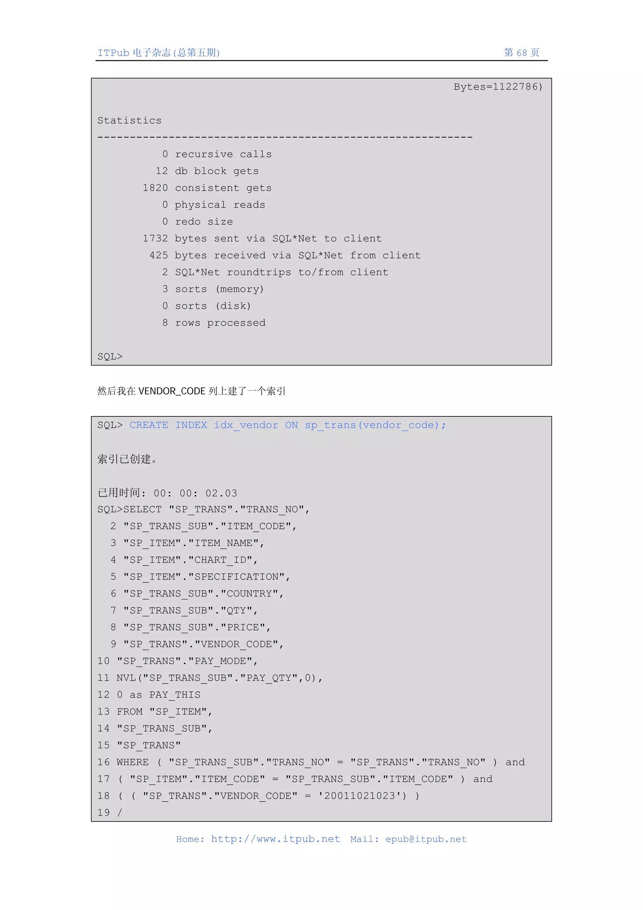ITPub 电子杂志(总第五期)                                                  第 68 页


                                                           Bytes=1122786)


Statistics
----------------------------------------------------------
         0 recursive calls
        12 db block gets
       1820 consistent gets
         0 physical reads
         0 redo size
       1732 bytes sent via SQL*Net to client
       425 bytes received via SQL*Net from client
         2 SQL*Net roundtrips to/from client
         3 sorts (memory)
         0 sorts (disk)
         8 rows processed


SQL>


然后我在 VENDOR_CODE 列上建了一个索引


SQL> CREATE INDEX idx_vendor ON sp_trans(vendor_code);


索引已创建。


已用时间: 00: 00: 02.03
SQL>SELECT "SP_TRANS"."TRANS_NO",
 2 "SP_TRANS_SUB"."ITEM_CODE",
 3 "SP_ITEM"."ITEM_NAME",
 4 "SP_ITEM"."CHART_ID",
 5 "SP_ITEM"."SPECIFICATION",
 6 "SP_TRANS_SUB"."COUNTRY",
 7 "SP_TRANS_SUB"."QTY",
 8 "SP_TRANS_SUB"."PRICE",
 9 "SP_TRANS"."VENDOR_CODE",
10 "SP_TRANS"."PAY_MODE",
11 NVL("SP_TRANS_SUB"."PAY_QTY",0),
12 0 as PAY_THIS
13 FROM "SP_ITEM",
14 "SP_TRANS_SUB",
15 "SP_TRANS"
16 WHERE ( "SP_TRANS_SUB"."TRANS_NO" = "SP_TRANS"."TRANS_NO" ) and
17 ( "SP_ITEM"."ITEM_CODE" = "SP_TRANS_SUB"."ITEM_CODE" ) and
18 ( ( "SP_TRANS"."VENDOR_CODE" = '20011021023') )
19 /

             Home: http://www.itpub.net   Mail: epub@itpub.net
 