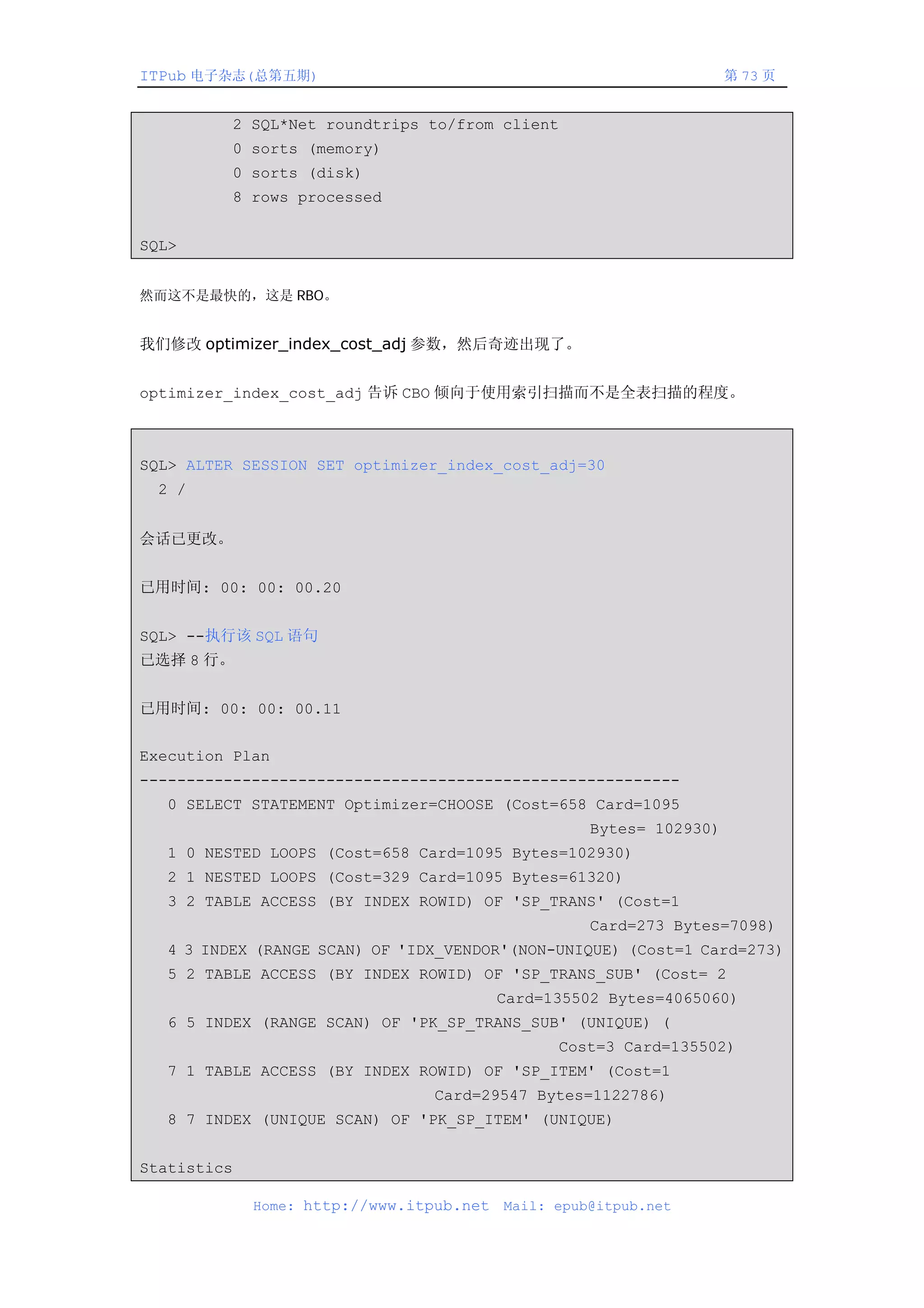 ITPub 电子杂志(总第五期)                                                     第 73 页


         2 SQL*Net roundtrips to/from client
         0 sorts (memory)
         0 sorts (disk)
         8 rows processed


SQL>


然而这不是最快的，这是 RBO。


我们修改 optimizer_index_cost_adj 参数，然后奇迹出现了。


optimizer_index_cost_adj 告诉 CBO 倾向于使用索引扫描而不是全表扫描的程度。



SQL> ALTER SESSION SET optimizer_index_cost_adj=30
 2 /


会话已更改。


已用时间: 00: 00: 00.20


SQL> --执行该 SQL 语句
已选择 8 行。


已用时间: 00: 00: 00.11


Execution Plan
----------------------------------------------------------
  0 SELECT STATEMENT Optimizer=CHOOSE (Cost=658 Card=1095
                                                    Bytes= 102930)
  1 0 NESTED LOOPS (Cost=658 Card=1095 Bytes=102930)
  2 1 NESTED LOOPS (Cost=329 Card=1095 Bytes=61320)
  3 2 TABLE ACCESS (BY INDEX ROWID) OF 'SP_TRANS' (Cost=1
                                                    Card=273 Bytes=7098)
  4 3 INDEX (RANGE SCAN) OF 'IDX_VENDOR'(NON-UNIQUE) (Cost=1 Card=273)
  5 2 TABLE ACCESS (BY INDEX ROWID) OF 'SP_TRANS_SUB' (Cost= 2
                                          Card=135502 Bytes=4065060)
  6 5 INDEX (RANGE SCAN) OF 'PK_SP_TRANS_SUB' (UNIQUE) (
                                                Cost=3 Card=135502)
  7 1 TABLE ACCESS (BY INDEX ROWID) OF 'SP_ITEM' (Cost=1
                                Card=29547 Bytes=1122786)
  8 7 INDEX (UNIQUE SCAN) OF 'PK_SP_ITEM' (UNIQUE)


Statistics

             Home: http://www.itpub.net   Mail: epub@itpub.net
 