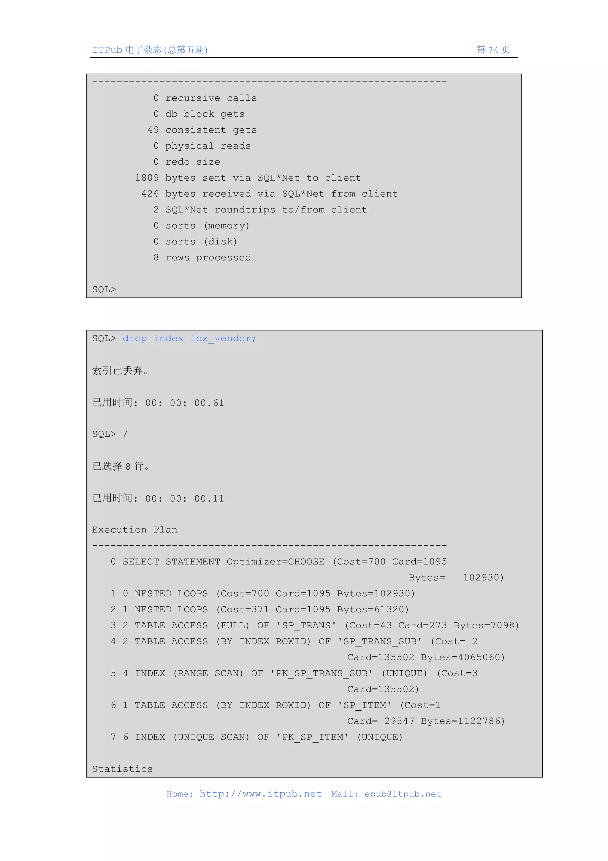 ITPub 电子杂志(总第五期)                                                    第 74 页


----------------------------------------------------------
           0 recursive calls
           0 db block gets
          49 consistent gets
           0 physical reads
           0 redo size
         1809 bytes sent via SQL*Net to client
         426 bytes received via SQL*Net from client
           2 SQL*Net roundtrips to/from client
           0 sorts (memory)
           0 sorts (disk)
           8 rows processed


SQL>



SQL> drop index idx_vendor;


索引已丢弃。


已用时间: 00: 00: 00.61


SQL> /


已选择 8 行。


已用时间: 00: 00: 00.11


Execution Plan
----------------------------------------------------------
  0 SELECT STATEMENT Optimizer=CHOOSE (Cost=700 Card=1095
                                                        Bytes=    102930)
  1 0 NESTED LOOPS (Cost=700 Card=1095 Bytes=102930)
  2 1 NESTED LOOPS (Cost=371 Card=1095 Bytes=61320)
  3 2 TABLE ACCESS (FULL) OF 'SP_TRANS' (Cost=43 Card=273 Bytes=7098)
  4 2 TABLE ACCESS (BY INDEX ROWID) OF 'SP_TRANS_SUB' (Cost= 2
                                             Card=135502 Bytes=4065060)
  5 4 INDEX (RANGE SCAN) OF 'PK_SP_TRANS_SUB' (UNIQUE) (Cost=3
                                             Card=135502)
  6 1 TABLE ACCESS (BY INDEX ROWID) OF 'SP_ITEM' (Cost=1
                                             Card= 29547 Bytes=1122786)
  7 6 INDEX (UNIQUE SCAN) OF 'PK_SP_ITEM' (UNIQUE)


Statistics

              Home: http://www.itpub.net   Mail: epub@itpub.net
 