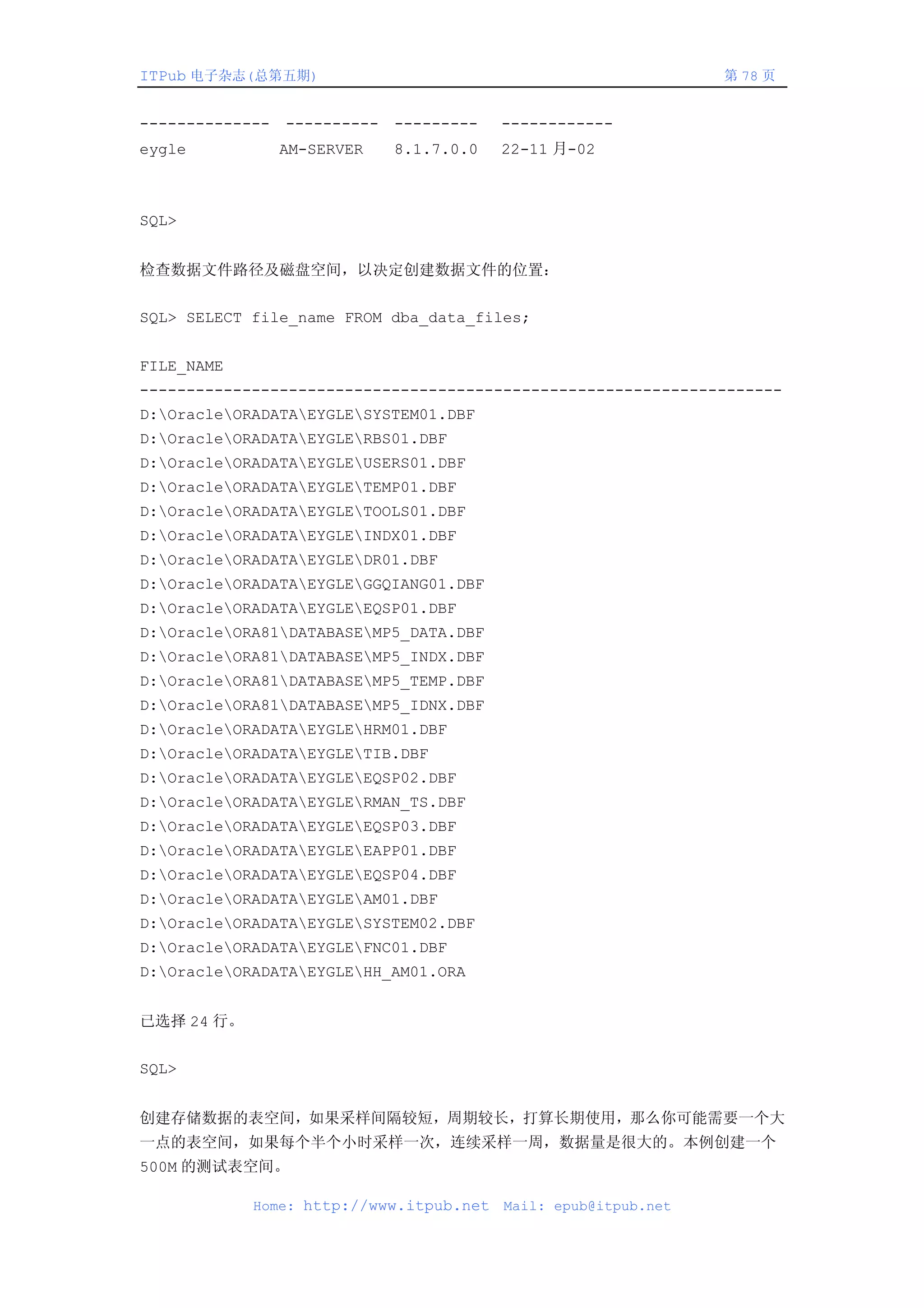 ITPub 电子杂志(总第五期)                                                第 78 页


-------------- ---------- ---------      ------------
eygle         AM-SERVER    8.1.7.0.0     22-11 月-02



SQL>


检查数据文件路径及磁盘空间，以决定创建数据文件的位置：


SQL> SELECT file_name FROM dba_data_files;


FILE_NAME
---------------------------------------------------------------------
D:OracleORADATAEYGLESYSTEM01.DBF
D:OracleORADATAEYGLERBS01.DBF
D:OracleORADATAEYGLEUSERS01.DBF
D:OracleORADATAEYGLETEMP01.DBF
D:OracleORADATAEYGLETOOLS01.DBF
D:OracleORADATAEYGLEINDX01.DBF
D:OracleORADATAEYGLEDR01.DBF
D:OracleORADATAEYGLEGGQIANG01.DBF
D:OracleORADATAEYGLEEQSP01.DBF
D:OracleORA81DATABASEMP5_DATA.DBF
D:OracleORA81DATABASEMP5_INDX.DBF
D:OracleORA81DATABASEMP5_TEMP.DBF
D:OracleORA81DATABASEMP5_IDNX.DBF
D:OracleORADATAEYGLEHRM01.DBF
D:OracleORADATAEYGLETIB.DBF
D:OracleORADATAEYGLEEQSP02.DBF
D:OracleORADATAEYGLERMAN_TS.DBF
D:OracleORADATAEYGLEEQSP03.DBF
D:OracleORADATAEYGLEEAPP01.DBF
D:OracleORADATAEYGLEEQSP04.DBF
D:OracleORADATAEYGLEAM01.DBF
D:OracleORADATAEYGLESYSTEM02.DBF
D:OracleORADATAEYGLEFNC01.DBF
D:OracleORADATAEYGLEHH_AM01.ORA


已选择 24 行。


SQL>


创建存储数据的表空间，如果采样间隔较短，周期较长，打算长期使用，那么你可能需要一个大
一点的表空间，如果每个半个小时采样一次，连续采样一周，数据量是很大的。本例创建一个
500M 的测试表空间。

            Home: http://www.itpub.net   Mail: epub@itpub.net
 