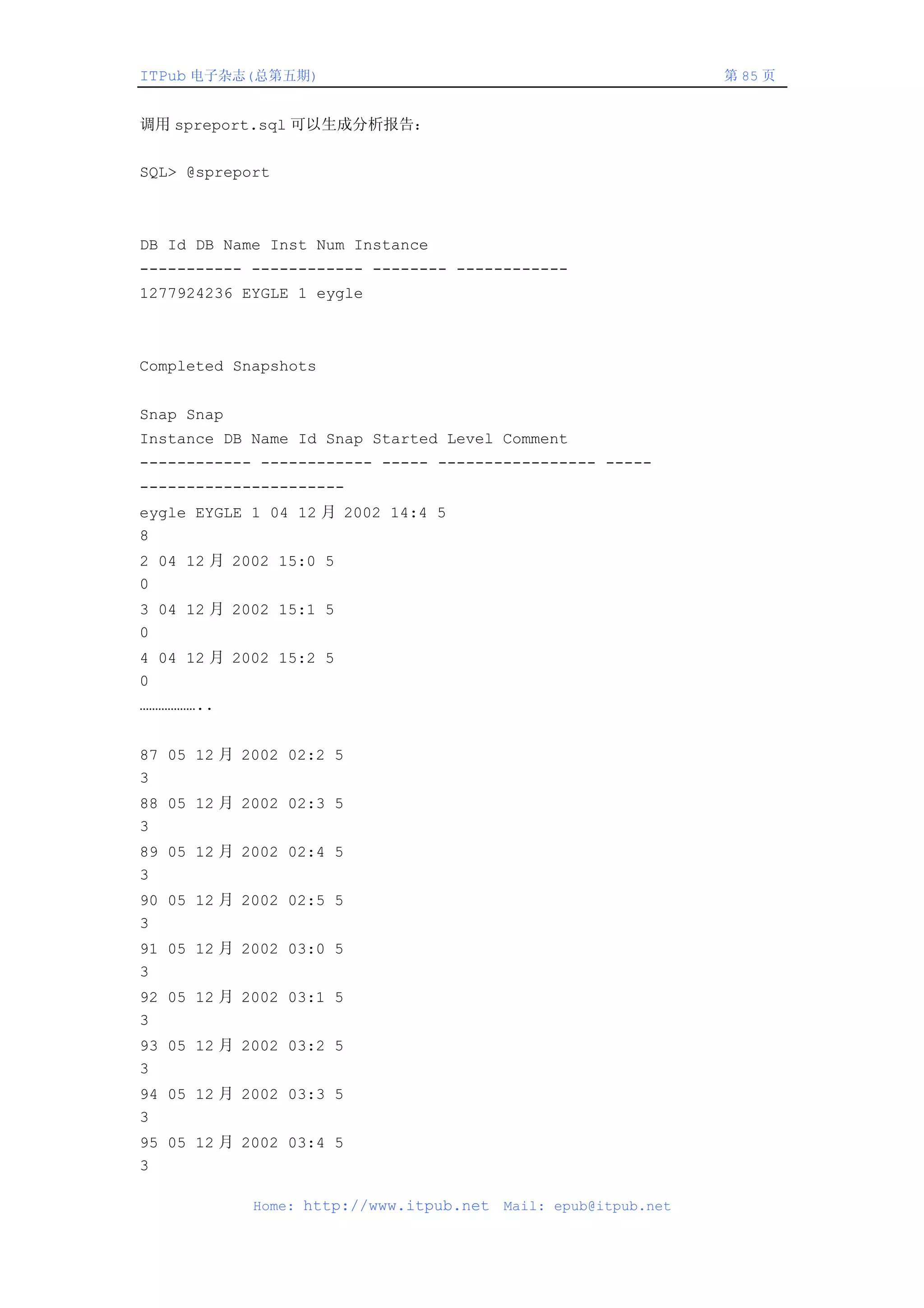 ITPub 电子杂志(总第五期)                                                第 85 页


调用 spreport.sql 可以生成分析报告：


SQL> @spreport



DB Id DB Name Inst Num Instance
----------- ------------ -------- ------------
1277924236 EYGLE 1 eygle



Completed Snapshots


Snap Snap
Instance DB Name Id Snap Started Level Comment
------------ ------------ ----- ----------------- -----
----------------------
eygle EYGLE 1 04 12 月 2002 14:4 5
8
2 04 12 月 2002 15:0 5
0
3 04 12 月 2002 15:1 5
0
4 04 12 月 2002 15:2 5
0
………………..


87 05 12 月 2002 02:2 5
3
88 05 12 月 2002 02:3 5
3
89 05 12 月 2002 02:4 5
3
90 05 12 月 2002 02:5 5
3
91 05 12 月 2002 03:0 5
3
92 05 12 月 2002 03:1 5
3
93 05 12 月 2002 03:2 5
3
94 05 12 月 2002 03:3 5
3
95 05 12 月 2002 03:4 5
3

            Home: http://www.itpub.net   Mail: epub@itpub.net
 
