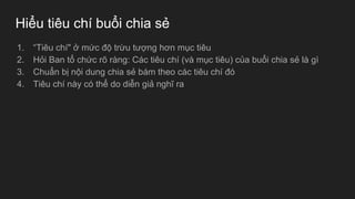 Hiểu tiêu chí buổi chia sẻ
1. “Tiêu chí" ở mức độ trừu tượng hơn mục tiêu
2. Hỏi Ban tổ chức rõ ràng: Các tiêu chí (và mục tiêu) của buổi chia sẻ là gì
3. Chuẩn bị nội dung chia sẻ bám theo các tiêu chí đó
4. Tiêu chí này có thể do diễn giả nghĩ ra
 