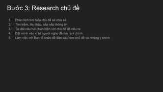 Bước 3: Research chủ đề
1. Phân tích tìm hiểu chủ đề sẽ chia sẻ
2. Tìm kiếm, thu thập, sắp xếp thông tin
3. Tự đặt câu hỏi phản biện với chủ đề đã nêu ra
4. Đặt mình vào vị trí người nghe để tìm ra ý chính
5. Làm việc với Ban tổ chức để đào sâu hơn chủ đề và những ý chính
 