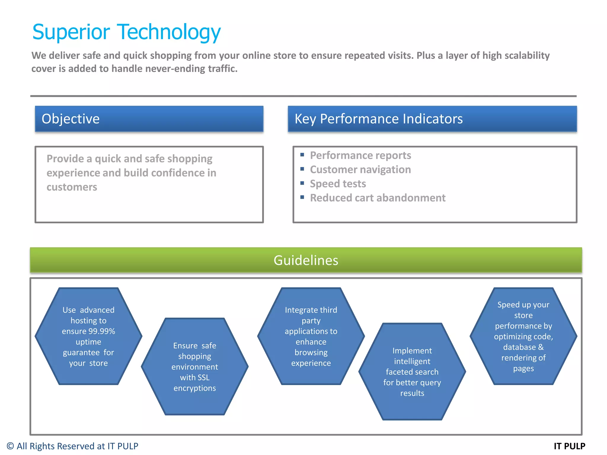 Superior Technology
      We deliver safe and quick shopping from your online store to ensure repeated visits. Plus a layer of high scalability
      cover is added to handle never-ending traffic.



        Objective                                                Key Performance Indicators

         Provide a quick and safe shopping                            Performance reports
         experience and build confidence in                           Customer navigation
         customers                                                    Speed tests
                                                                      Reduced cart abandonment




                                                            Guidelines

                                                                                                               Speed up your
             Use advanced                                      Integrate third
                                                                                                                    store
               hosting to                                           party
                                                                                                              performance by
             ensure 99.99%                                     applications to
                                                                                                              optimizing code,
                 uptime              Ensure safe                  enhance
                                                                                        Implement                database &
             guarantee for             shopping                   browsing
                                                                                         intelligent            rendering of
               your store            environment                 experience
                                                                                      faceted search               pages
                                       with SSL
                                                                                     for better query
                                     encryptions
                                                                                           results




© All Rights Reserved at IT PULP                                                                                                 IT PULP
 