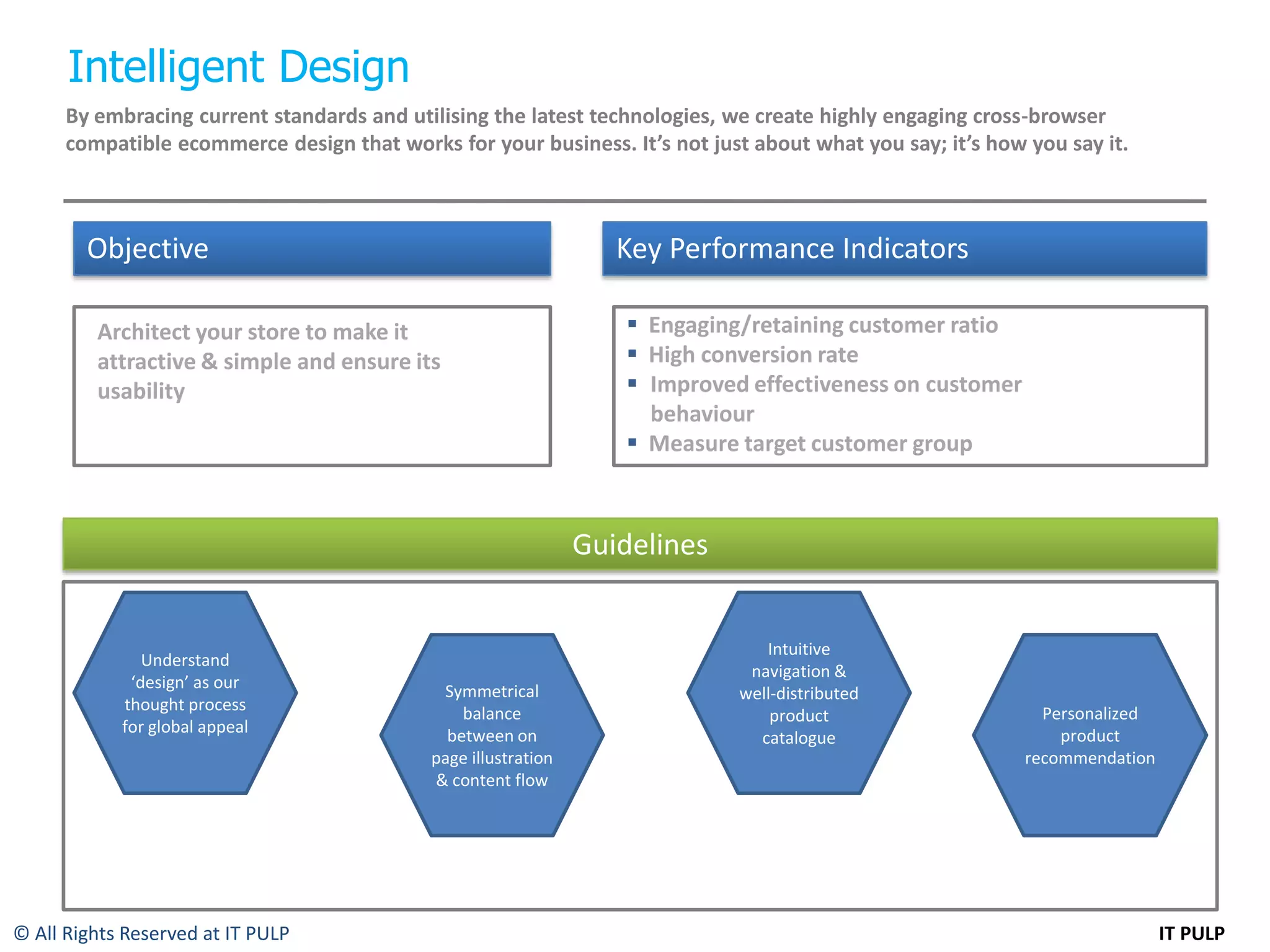 Intelligent Design
      By embracing current standards and utilising the latest technologies, we create highly engaging cross-browser
      compatible ecommerce design that works for your business. It’s not just about what you say; it’s how you say it.



        Objective                                                  Key Performance Indicators

         Architect your store to make it                            Engaging/retaining customer ratio
         attractive & simple and ensure its                         High conversion rate
         usability                                                  Improved effectiveness on customer
                                                                     behaviour
                                                                    Measure target customer group



                                                                Guidelines


                                                                                Intuitive
               Understand
                                                                              navigation &
             ‘design’ as our                 Symmetrical                     well-distributed
            thought process                     balance                                                      Personalized
                                                                                 product
            for global appeal                 between on                                                       product
                                                                               catalogue
                                            page illustration                                              recommendation
                                            & content flow




© All Rights Reserved at IT PULP                                                                                            IT PULP
 