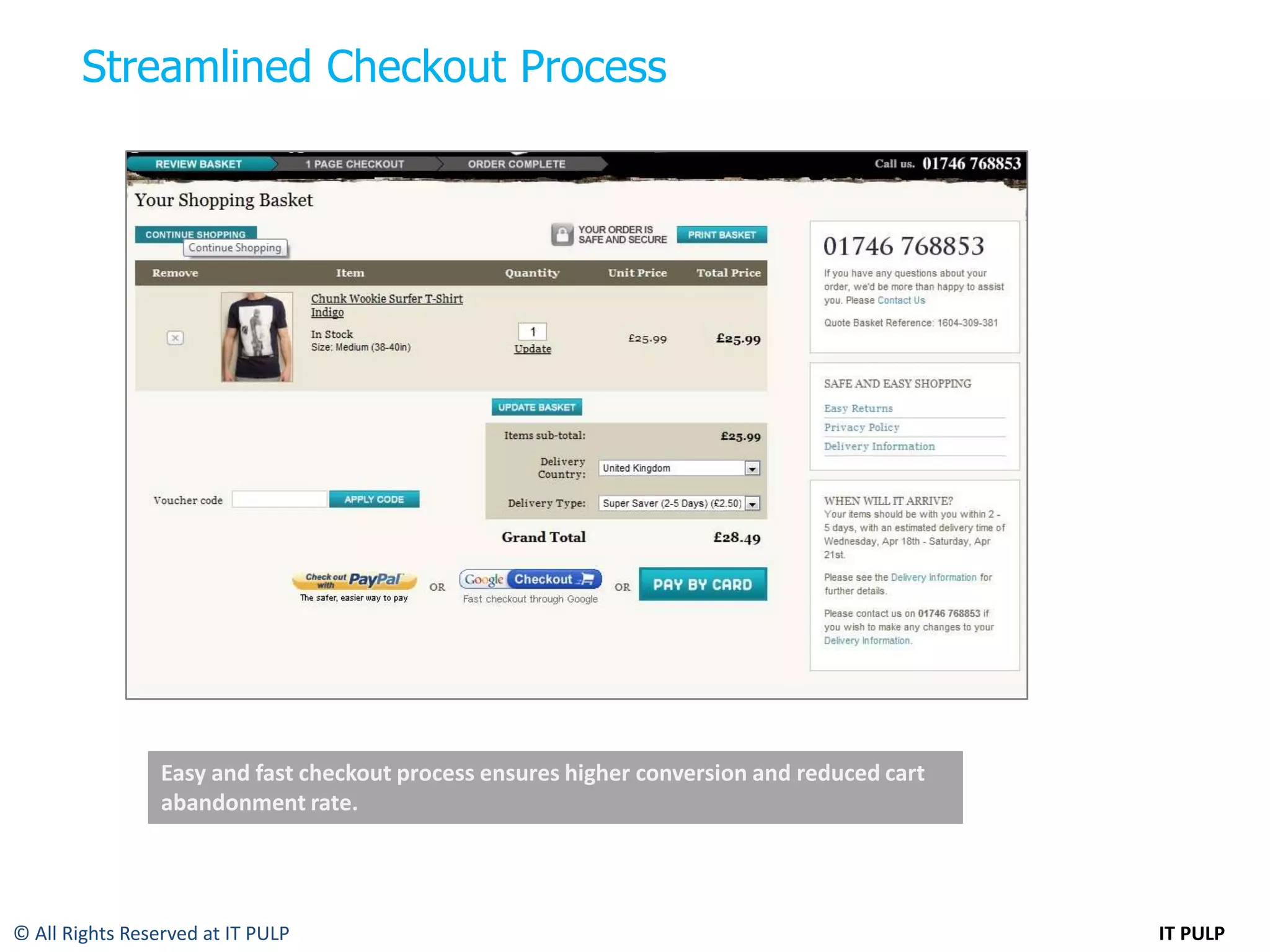 Streamlined Checkout Process




                 Easy and fast checkout process ensures higher conversion and reduced cart
                 abandonment rate.




© All Rights Reserved at IT PULP                                                             IT PULP
 