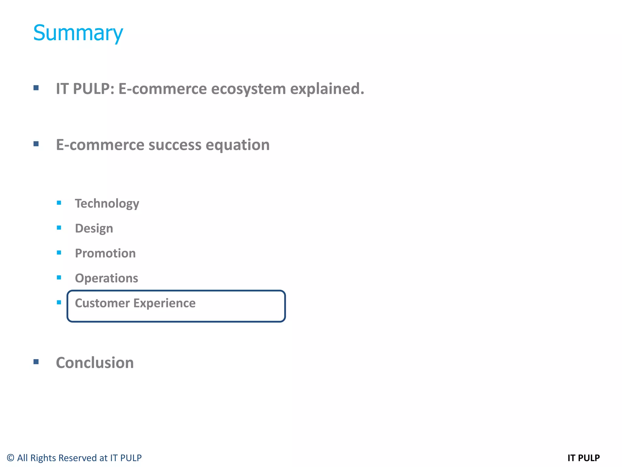 Summary

       IT PULP: E-commerce ecosystem explained.


       E-commerce success equation


            Technology
            Design
            Promotion
            Operations
            Customer Experience



       Conclusion




© All Rights Reserved at IT PULP                   IT PULP
 