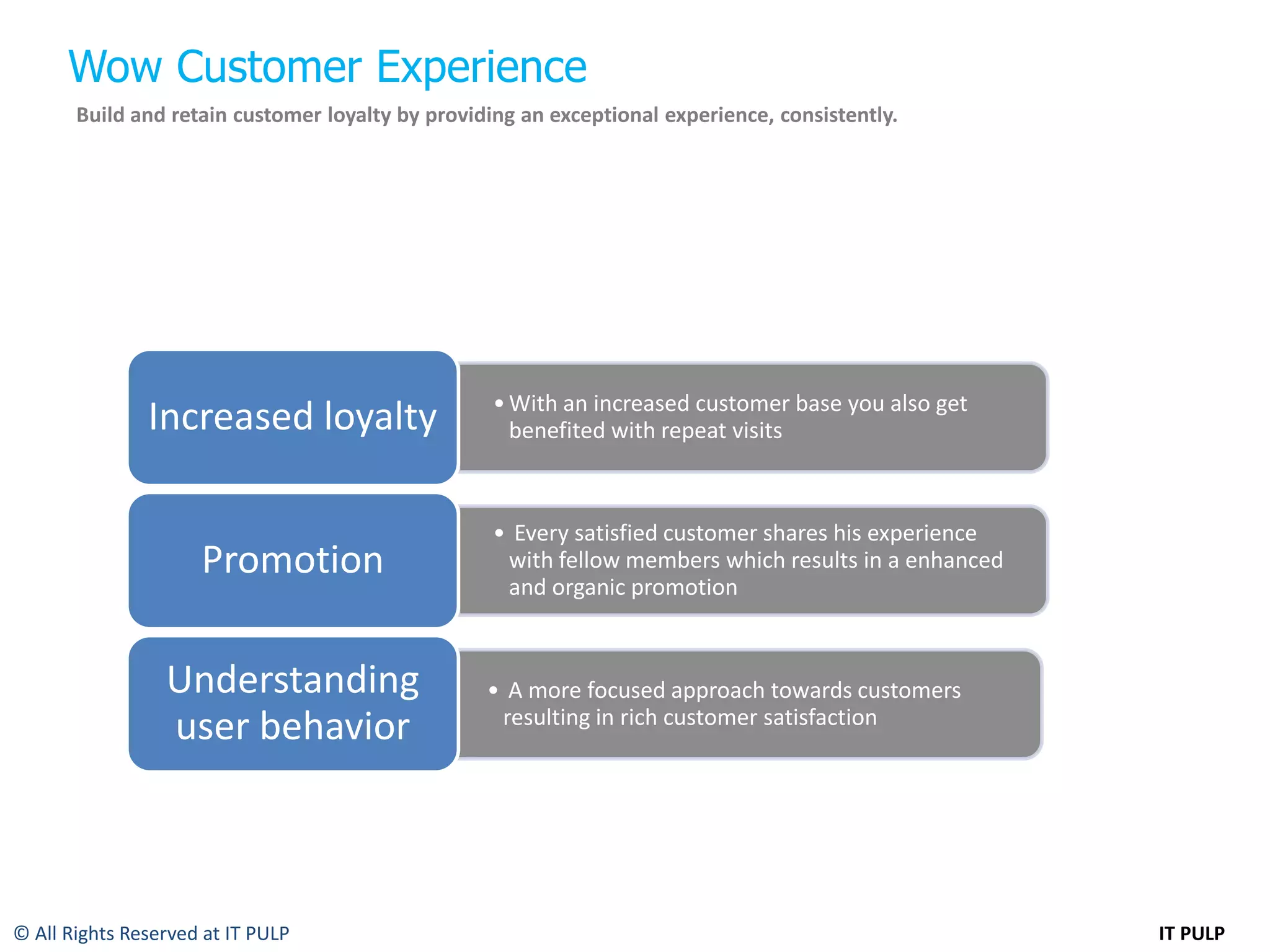 Wow Customer Experience
       Build and retain customer loyalty by providing an exceptional experience, consistently.




                                                   • With an increased customer base you also get
               Increased loyalty                     benefited with repeat visits



                                                   • Every satisfied customer shares his experience
                     Promotion                      with fellow members which results in a enhanced
                                                    and organic promotion


                 Understanding                    • A more focused approach towards customers
                                                   resulting in rich customer satisfaction
                 user behavior



© All Rights Reserved at IT PULP                                                                      IT PULP
 