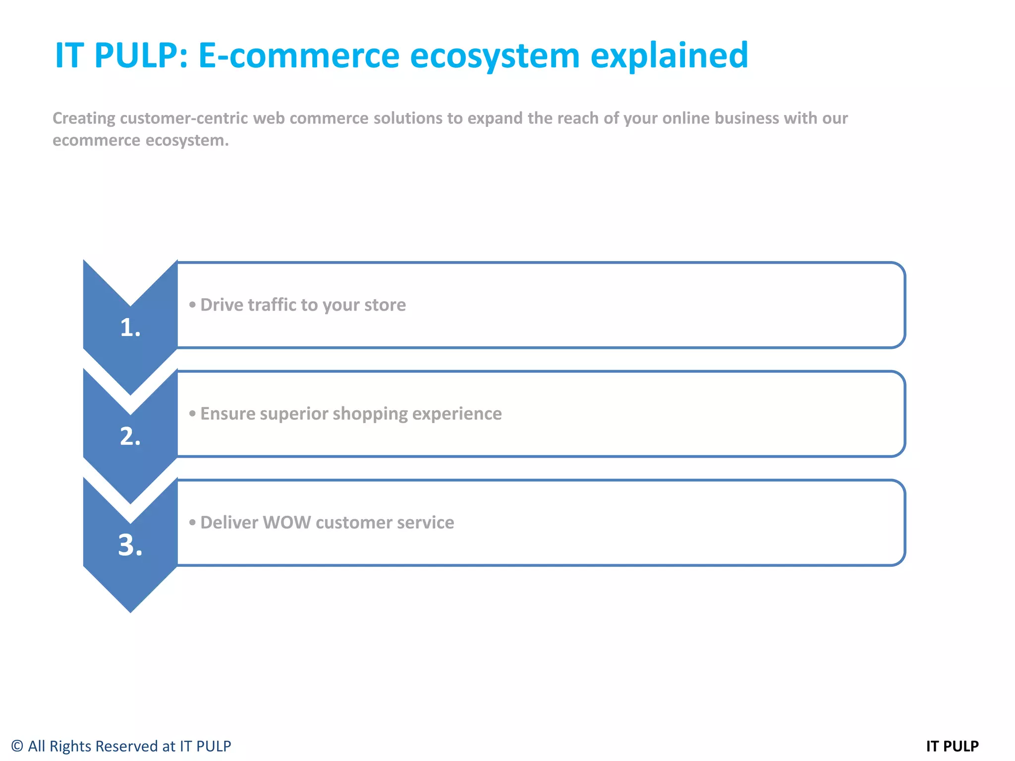 IT PULP: E-commerce ecosystem explained
      Creating customer-centric web commerce solutions to expand the reach of your online business with our
      ecommerce ecosystem.




                         • Drive traffic to your store
               1.

                         • Ensure superior shopping experience
               2.

                         • Deliver WOW customer service
               3.




© All Rights Reserved at IT PULP                                                                              IT PULP
 
