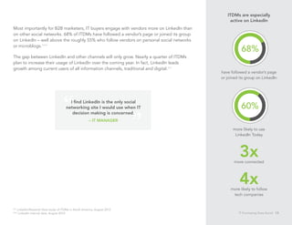 ITDMs are especially
                                                                                               active on LinkedIn
Most importantly for B2B marketers, IT buyers engage with vendors more on LinkedIn than
on other social networks. 68% of ITDMs have followed a vendor’s page or joined its group
on LinkedIn – well above the roughly 55% who follow vendors on personal social networks
or microblogs.***
                                                                                                      68%
The gap between LinkedIn and other channels will only grow. Nearly a quarter of ITDMs
plan to increase their usage of LinkedIn over the coming year. In fact, LinkedIn leads
growth among current users of all information channels, traditional and digital.**
                                                                                           have followed a vendor’s page
                                                                                           or joined its group on LinkedIn




                                       I find LinkedIn is the only social
                                     networking site I would use when IT                              60%
                                        decision making is concerned.
                                                     – IT Manager

                                                                                                 more likely to use
                                                                                                  LinkedIn Today




                                                                                                     3x
                                                                                                  more connected




                                                                                                     4x
                                                                                                more likely to follow
                                                                                                 tech companies


** LinkedIn/Research Now study of ITDMs in North America, August 2012
*** LinkedIn internal data, August 2012                                                             IT Purchasing Goes Social 13
 
