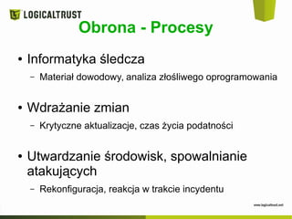 Obrona - Procesy
● Informatyka śledcza
– Materiał dowodowy, analiza złośliwego oprogramowania
● Wdrażanie zmian
– Krytyczne aktualizacje, czas życia podatności
● Utwardzanie środowisk, spowalnianie
atakujących
– Rekonfiguracja, reakcja w trakcie incydentu
 