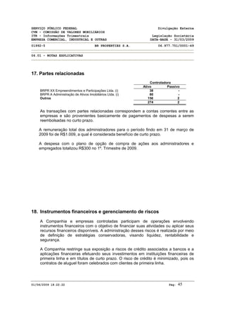 SERVIÇO PÚBLICO FEDERAL Divulgação Externa
CVM - COMISSÃO DE VALORES MOBILIÁRIOS
ITR - Informações Trimestrais Legislação Societária
EMPRESA COMERCIAL, INDUSTRIAL E OUTRAS DATA-BASE - 31/03/2009
01992-5 BR PROPERTIES S.A. 06.977.751/0001-49
06.01 - NOTAS EXPLICATIVAS
01/06/2009 18:22:22 Pág: 45
17. Partes relacionadas
Controladora
Ativo Passivo
BRPR XX Empreendimentos e Participações Ltda. (i) 38 -
BRPR A Administração de Ativos Imobiliários Ltda. (i) 80 -
Outros 156 2
274 2
As transações com partes relacionadas correspondem a contas correntes entre as
empresas e são provenientes basicamente de pagamentos de despesas a serem
reembolsadas no curto prazo.
A remuneração total dos administradores para o período findo em 31 de março de
2009 foi de R$1.009, a qual é considerada benefício de curto prazo.
A despesa com o plano de opção de compra de ações aos administradores e
empregados totalizou R$300 no 1º. Trimestre de 2009.
18. Instrumentos financeiros e gerenciamento de riscos
A Companhia e empresas controladas participam de operações envolvendo
instrumentos financeiros com o objetivo de financiar suas atividades ou aplicar seus
recursos financeiros disponíveis. A administração desses riscos é realizada por meio
de definição de estratégias conservadoras, visando liquidez, rentabilidade e
segurança.
A Companhia restringe sua exposição a riscos de crédito associados a bancos e a
aplicações financeiras efetuando seus investimentos em instituições financeiras de
primeira linha e em títulos de curto prazo. O risco de crédito é minimizado, pois os
contratos de aluguel foram celebrados com clientes de primeira linha.
 