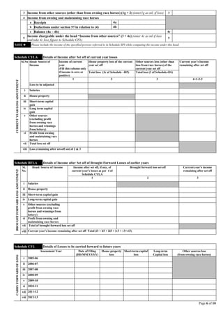 Page 6 of 10
3 Income from other sources (other than from owning race horses) (1g + 2) (enter1g as nil, if loss) 3
4 Income from owning and maintaining race horses
a Receipts 4a
b Deductions under section 57 in relation to (4) 4b
c Balance (4a – 4b) 4c
5
Income chargeable under the head “Income from other sources” (3 + 4c) (enter 4c as nil if loss
and take 4c loss figure to Schedule CFL)
5
NOTE ► Please include the income of the specified persons referred to in Schedule SPI while computing the income under this head.
Schedule CYLA Details of Income after Set off of current year losses
CURRENTYEARLOSSADJUSTMENT
Sl.No Head/ Source of
Income
Income of current
year
(Fill this column only
if income is zero or
positive)
House property loss of the current
year set off
Other sources loss (other than
loss from race horses) of the
current year set off
Current year’s Income
remaining after set off
Total loss (3c of Schedule –HP) Total loss (3 of Schedule-OS)
1 2 3 4=1-2-3
Loss to be adjusted
i Salaries
ii House property
iii Short-term capital
gain
iv Long term capital
gain
v Other sources
(excluding profit
from owning race
horses and winnings
from lottery)
vi Profit from owning
and maintaining race
horses
vii Total loss set off
viii Loss remaining after set-off out of 2 & 3
Schedule BFLA Details of Income after Set off of Brought Forward Losses of earlier years
BROUGHTFORWARDLOSSADJUSTMENT
Sl.
No.
Head/ Source of Income Income after set off, if any, of
current year’s losses as per 4 of
Schedule CYLA
Brought forward loss set off Current year’s income
remaining after set off
1 2 3
i Salaries
ii House property
iii Short-term capital gain
iv Long-term capital gain
v Other sources (excluding
profit from owning race
horses and winnings from
lottery)
vi Profit from owning and
maintaining race horses
vii Total of brought forward loss set off
viii Current year’s income remaining after set off Total (i3 + ii3 + iii3 + iv3 + v3+vi3)
Schedule CFL Details of Losses to be carried forward to future years
CARRYFORWARDOFLOSS
Assessment Year Date of Filing
(DD/MM/YYYY)
House property
loss
Short-term capital
loss
Long-term
Capital loss
Other sources loss
(from owning race horses)
i 2005-06
ii 2006-07
iii 2007-08
iv 2008-09
v 2009-10
vi 2010-11
vii 2011-12
viii 2012-13
 