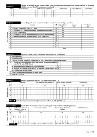 Page 8 of 10
Schedule SPI
Income of specified persons (spouse, minor child etc) includable in income of the assessee (income of the minor
child, in excess of Rs. 1,500 per child, to be included)
Sl No Name of person PAN of person (optional) Relationship Nature of Income Amount (Rs)
1
2
3
Schedule SI Income chargeable to tax at special rates (please see instructions No. 9 for rate of tax)
SPECIALRATE
Sl
No
Section  Special rate
(%)
Income
(i)
Tax thereon
(ii)
1 111A (STCG on shares where STT paid)  15
2 112 proviso (LTCG on listed securities/ units without indexation)  10
3 112 (LTCG on others)  20
4 112(1)(c)(iii) (LTCG on unlisted securities in case of non-residents)  10
5 115BB (Winnings from lotteries, puzzles, races, games etc.)  30
6 
7 
8 
9 
10 
11 Total
Schedule EI Details of Exempt Income (Income not to be included in Total Income)
EXEMPTINCOME
1 Interest income 1
2 Dividend income 2
3 Long-term capital gains from transactions on which Securities Transaction Tax is paid 3
4 i Gross Agricultural income (other than income to be excluded under
rule 7A, 7B or 8 of I.T. Rules)
i
ii Expenses relating to above Agricultural income ii
iii Brought forward loss as per part IV of Schedule I of the Finance Act iii
Net Agricultural income (i-ii-iii) 4
5 Others, including exempt income of minor child 5
6 Total (1+2+3+4+5) 6
Schedule IT Details of payments of Advance Tax and Self-Assessment Tax
TAXPAYMENTS
Sl
No
BSR Code Date of Deposit (DD/MM/YYYY) Serial Number of Challan Amount (Rs)
(1) (2) (3) (4) (5)
i
ii
iii
iv
v
NOTE ► Enter the totals of Advance tax and Self-Assessment tax in Sl No. 8a & 8c of Part B-TTI
Schedule TDS1 Details of Tax Deducted at Source from Salary [As per Form 16 issued by Employer(s)]
TDSONSALARY
Sl
No
Tax Deduction Account
Number (TAN) of the
Employer
Name of the Employer Income chargeable under
Salaries
Total tax deducted
(1) (2) (3) (4) (5)
i
ii
NOTE ► Please enter total of column 5 of Schedule-TDS1 and column 7 of Schedule-TDS2 in 8(b) of Part B-TTI
 