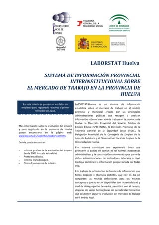 LABORSTAT Huelva<br />SISTEMA DE INFORMACIÓN PROVINCIAL INTERINSTITUCIONAL SOBRE<br /> EL MERCADO DE TRABAJO EN LA PROVINCIA DE HUELVA<br />En este boletín se presentan los datos de empleo y paro registrado relativos al primer trimestre de 2010.LABORSTAT-Huelva es un sistema de información estadística sobre el mercado de trabajo en el ámbito provincial y municipal creado por las principales administraciones públicas que recogen o analizan información sobre el mercado de trabajo en la provincia de Huelva: la Dirección Provincial del Servicio Público de Empleo Estatal (SPEE-INEM), la Dirección Provincial de la Tesorería General de la Seguridad Social (TGSS), la Delegación Provincial de la Consejería de Empleo de la Junta de Andalucía y el Observatorio Local de Empleo de la Universidad de Huelva.Este sistema constituye una experiencia única que promueve la puesta en común de las fuentes estadísticas administrativas y la construcción consensuada por parte de dichas administraciones de indicadores laborales a nivel local que combinen la información proporcionada por todas ellas.Este trabajo de articulación de fuentes de información que tienen orígenes y objetivos distintos, que hoy en día no comparten las mismas definiciones para los mismos conceptos y que no están disponibles con la periodicidad y nivel de desagregación deseados, permitirá, con el tiempo, disponer de series homogéneas de periodicidad trimestral que posibiliten seguir la evolución del mercado de trabajo en el ámbito local.Más información sobre la evolución del empleo y paro registrado en la provincia de Huelva puede encontrarla en la página web: www.ole.uhu.es/laborstat/blaborstat.html,Donde puede encontrar:Informe gráfico de la evolución del empleo desde 2006 hasta la actualidad.Anexo estadístico.Informe metodológico.Otros documentos de interés.<br />NOTA METODOLÓGICA<br />A la hora de interpretar la información han de tenerse en cuenta los siguientes cambios metodológicos:<br />A partir de febrero de 2008 aparece reflejada la situación de alta en la Seguridad Social de las personas extranjeras con contrato en origen. Este cambio metodológico afecta particularmente a la provincia de Huelva donde el contingente de personas con contrato en origen es singularmente elevado en comparación con el resto de los territorios (tanto a nivel andaluz como nacional). La no disponibilidad de este dato con anterioridad a febrero de 2008 hace imposible la reconstrucción de la serie de forma retrospectiva. Esto afecta a todos los datos de afiliación a la Seguridad Social que se ofrecen en este boletín de Laborstat-Huelva, debiéndose tratar con prudencia cualquier comparación en la serie que incluya datos anteriores y posteriores a febrero de 2008, e incluso cuando hacemos comparaciones con los primeros trimestres de cada año. <br />A partir de enero de 2009 se empieza a utilizar la nueva CNAE-2009 que imposibilita la comparación de los datos de empleo, paro y contrataciones por sectores económicos a partir de esta fecha con los datos relativos a años anteriores.<br />Los cambios metodológicos anteriormente descritos implican una ruptura de las series que queda reflejada en las gráficas que se incluyen en este boletín. <br />Por otro lado, las cifras de población referidas al año 2010 en este documento son estimadas. El Instituto Nacional de Estadística (INE) publica los datos oficiales de población procedentes del Padrón Municipal de Habitantes de cada año en el mes de febrero del siguiente año. Una descripción detallada de esta estimación puede consultarse en el documento metodológico disponible en www.ole.uhu.es/laborstat/blaborstat.html.<br />EMPLEO<br />337947092075En el I trimestre de 2010 las 198.840 personas afiliadas a la Seguridad Social representaban el 46,4% de la población mayor de 16 años (tasa de empleo afiliado). La tasa de afiliación en Huelva se sitúa desde principios de 2009 por encima de la media autonómica (41,6%) y la nacional (44,3%). La tasa de afiliación femenina presenta este mismo comportamiento, pero no la tasa de afiliación masculina en Huelva (48,6%), ya que se sitúa por encima de la media autonómica (46%), pero por debajo de la nacional (50,1%). Respecto al mismo trimestre del año anterior, en Huelva la tasa de empleo afiliado ha descendido un punto porcentual y 0,4 puntos porcentuales respecto al trimestre anterior. <br />Por sexos, aunque actualmente la tasa de afiliación masculina (48,6%) es mayor que la femenina (44,2%), mientras la tasa de afiliación masculina presenta una tendencia decreciente, la tasa de afiliación femenina aumenta entre 2006 y 2007 pero a partir de aquí se mantiene constante. Esta diferente tendencia de la tasa de afiliación masculina y femenina, hace que las diferencias por sexo se vayan reduciendo. <br />-5715159385Por grupos de edad, desciende la afiliación y sólo aumenta ligeramente la afiliación entre la población de mayor edad (1,3%). La mayor pérdida de empleo se produce entre los jóvenes de 16 a 24 años (12,9% en el caso de los varones y 9,1% en el de las mujeres).<br />Respecto al mismo trimestre del año anterior, desciende la afiliación en Huelva, Andalucía y España en todos los regímenes excepto en el régimen especial agrario. El aumento es más significativo en el caso de los varones que en el de las mujeres. El empleo afiliado al régimen general en Andalucía y en Huelva desciende entre los varones pero aumenta entre las mujeres.<br />311848584455Por sectores de actividad,  la afiliación respecto al  primer trimestre del año anterior desciende en todos los sectores. Destacan especialmente los descensos en el sector de la construcción y en el industrial (26,5% y 12,5 respectivamente). No obstante, estas variaciones no han tenido un importante impacto sobre la distribución de la afiliación por sectores de actividad. Respecto al trimestre anterior destaca el aumento de la afiliación en el sector agrícola-pesquero (casi un 18%) lo que refleja simplemente la alta estacionalidad del sector.<br />DESEMPLEO<br />320357545085La tasa DENOs en Huelva tiene una posición intermedia entre la tasa DENOs de Andalucía y la de España. En el I trimestre de 2010 en Huelva la tasa DENOs era del 24,2%; aumenta 2,6 puntos porcentuales respecto al mismo trimestre de 2009 y permanece prácticamente invariable respecto al trimestre anterior. <br />Por sexos, y respecto al mismo trimestre del año anterior el aumento ha sido superior entre los varones que entre las mujeres (3,8 y 1,3 puntos porcentuales respectivamente). Respecto al trimestre anterior, solo desciende la tasa DENOS femenina en Huelva (ni en España ni en Andalucía).<br />Por grupos de edad los DENOs aumentan en todos los intervalos de edad. Solo entre las mujeres de mayor edad, el aumento es menos significativo. <br />-110490186690La cifra de DENOs de larga duración aumenta un 44,7% respecto al I trimestre de 2009 (78% en el caso de los varones y 28,9% en el de las mujeres). Este indicador agrupa ya a más del 25% del total de los DENOS alcanzando en el I trimestre de 2010 la cifra más elevada de todo el período de estudio. Respecto al trimestre anterior, este indicador aumenta un 10% e incide en mayor medida entre los varones que entre las mujeres.<br />El número de personas beneficiarias del subsidio agrícola ha descendido un 0,7% interanualmente. Continúan existiendo grandes diferencias por género, ya que son las mujeres las que reúnen casi el 70 % de estas ayudas. <br />282321049530Por sectores económicos existen grandes diferencias por género en la relación con la estructura del desempleo por sectores (como muestra el gráfico superior). Respecto al mismo trimestre del año anterior, aumenta el desempleo en todos los sectores, especialmente en la industria y la construcción. Con respecto al trimestre anterior, desciende el desempleo en el sector agrícola-pesquero y en el industrial y más entre las mujeres que entre los varones.<br />El 10,7% del total de DENOs son demandantes de primera búsqueda, siendo el porcentaje de las mujeres el doble que el de los varones. No obstante, mientras la cifra de demandantes de primera búsqueda femenina aumentó un 30%, la de los varones lo hizo en un 90%.<br />DINÁMICA DE LAS CONTRATACIONES<br />3344545133350En el I trimestre de 2010 se han registrado un total de 87.202 contratos, 6.405 menos que en el mismo período del año anterior y 15.755 más respecto al trimestre anterior. A pesar de que el descenso en la contratación afecta en mayor medida a las mujeres, éstas superan en número al total de contratos realizados a los varones. La duración media de los contratos temporales con fecha de finalización ha descendido en 7 días respecto al mismo período del año anterior, alcanzando su valor mínimo respecto a los primeros trimestres desde 2006. <br />El número de contratos indefinidos ha aumentado tanto interanual como intertrimestralmente en el caso de los varones y ha disminuido, en ambos casos, en el caso de las mujeres. <br />-7175582550Del total de contratos registrados en el I trimestre de 2010, el 76% son contratos temporales de duración indeterminada. Su número ha disminuido respecto al mismo trimestre del año anterior, con mayor incidencia entre las mujeres. Respecto al trimestre anterior, su número aumenta e incide igualmente con mayor intensidad entre las mujeres. <br />Los contratos parciales son mucho más frecuentes en el caso de las mujeres. Aumentan respecto al mismo trimestre del año anterior y disminuyen respecto al trimestre anterior, sin diferencias significativas por sexos. <br />Por sectores económicos, los descensos interanuales más significativos se producen en el caso de los varones, en el sector de la construcción (20,1%) y en el industrial (4,8%). En el caso de las mujeres, desciende el sector de la construcción (27,8%) y el de la agricultura y pesca (12,1%). Respecto al trimestre anterior se producen aumentos significativos en el sector de la agricultura y pesca y el industrial, bastante más significativos en el caso de las mujeres que en el de los hombres.<br />INTERMEDIACIÓN LABORAL<br />314706067754513335658495Las colocaciones sin intermediación siguen siendo muy superiores a las colocaciones con intermediación a pesar que descienden respecto al mismo trimestre de 2009. Las colocaciones con intermediación han aumentado, tanto intertrimestral como interanualmente.  <br />INDICADORES MUNICIPALES<br />Los anteriores gráficos recogen las tasas de afiliación y las tasas DENOS a nivel municipal, así como sus variaciones interanuales. Los colores más oscuros representan tasas de afiliación y tasas DENOs superiores a la media provincial (en el caso de los gráficos del lado izquierdo). En los gráficos con las variaciones interanuales (situados en el lado derecho) aparecen en rojo, aquellos municipios con tasas superiores a la media y en amarillo, aquellos con tasas inferiores a la media. <br />Sólo 13 de los 79 municipios de la provincia presentan en el primer trimestre de 2010 una tasa de afiliación superior a la tasa media de afiliación provincial (46,4%) y excepto en el caso de los municpios de Minas de Riotinto y Jabugo todos ellos se sitúan próximos a la costa. Con respecto al mismo trimestre del año anterior se ha producido un descenso casi generalizado de la afiliación, sólo los municipios situados más al sur (exceptuando Huelva Capital, Palos de la Frontera y Ayamonte) han presentando ligeras variaciones positiva en la tasa de afiliación.<br />La estructura provincial de la tasa de empleo afiliado con la crisis ha cambiado. La zona intermedia que tradicionalmente presentaba tasas de afiliación medias parece aproximarse a la situación de baja afiliación de las zonas del norte de la provincia. Sólo en los municipios en los que predomina una agricultura intensiva importante se produce un aumento de la afiliación conjuntamente con un descenso de los demandantes de empleo no afiliados.<br />La tasa DENOS presenta una estructura opuesta a la tasa de afiliación pese a que las tasas no son complementarias. Con respecto al mismo trimestre del año anterior (primer trimestre de 2009) sólo en 5 municipios se percibe una reducción apreciable de los DENOs. <br />