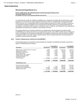 Notas Explicativas
Direcional Engenharia S.A.
Notas explicativas da administração às demonstrações financeiras
em 31 de março de 2014
Em milhares de reais, exceto quando indicado outra forma
59 de 67
A receita bruta de vendas de unidades imobiliárias em construção está deduzida do AVP (ajuste a valor
presente), de acordo com as normas vigentes descritas no CPC 12 e também pela orientação do OCPC
01(R1) item 33 e 34. A Companhia utiliza uma taxa média de desconto de contas a receber, de 6,54% ao.
A companhia reconheceu também como receita bruta do período referente aos empreendimentos em
construção, o montante de R$ 9.725 em 31 de Março 2014 e 10.698 em 31 de Março de 2013 referentes à
apropriação de permutas por unidades a construir por terrenos.
Os encargos financeiros incorridos referentes aos empréstimos e financiamentos à produção estão
contabilizados nas rubricas de imóveis em construção de acordo com o OCPC 01(R1). Em 31 de Março de
2014 e 31 de Março de 2013 foram reconhecidos no resultado, na rubrica de custos de imóveis vendidos,
o montante de R$ 11.169 e R$ 14.569, respectivamente. Esses encargos financeiros são apropriados ao
resultado em decorrência das vendas.
18.3 Custos e despesas por natureza (consolidado)
A Companhia optou por apresentar a demonstração do resultado consolidado por função e apresenta, a
seguir, o detalhamento por natureza.
Controladora Consolidado
Descrição 31/03/2014 31/03/2013 31/03/2014 31/03/2013
Matéria prima, e materiais de uso e consumo (284) (363) (230.047) (216.677)
Despesas com Pessoal (2.362) (15.137) (93.513) (90.043)
Depreciação e amortização (175) (918) (2.367) (3.023)
Serviços de terceiros (3.522) (2.890) (3.702) (3.092)
Energia elétrica, água e telefone (270) (249) (337) (308)
Despesas gerais com vendas (1.463) (1.269) (7.484) (3.690)
Comissão de Vendas - - (870) (337)
Outras Despesas (3.659) (4.807) (6.868) (5.984)
(11.735) (25.633) (345.188) (323.154)
Classificados como
Custos dos imóveis vendidos - - (115.976) (180.222)
Custos de serviços prestados (1) (122) (188.731) (111.104)
Despesas gerais e administrativas (10.235) (24.242) (29.905) (25.700)
Despesas com vendas (1.499) (1.269) (10.576) (6.128)
(11.735) (25.633) (345.188) (323.154)
PÁGINA: 112 de 124
ITR - Informações Trimestrais - 31/03/2014 - DIRECIONAL ENGENHARIA SA Versão : 1
 