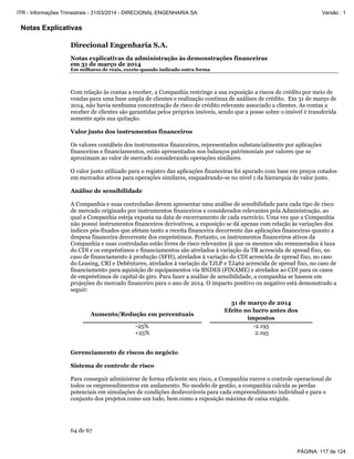 Notas Explicativas
Direcional Engenharia S.A.
Notas explicativas da administração às demonstrações financeiras
em 31 de março de 2014
Em milhares de reais, exceto quando indicado outra forma
64 de 67
Com relação às contas a receber, a Companhia restringe a sua exposição a riscos de crédito por meio de
vendas para uma base ampla de clientes e realização contínua de análises de crédito. Em 31 de março de
2014, não havia nenhuma concentração de risco de crédito relevante associado a clientes. As contas a
receber de clientes são garantidas pelos próprios imóveis, sendo que a posse sobre o imóvel é transferida
somente após sua quitação.
Valor justo dos instrumentos financeiros
Os valores contábeis dos instrumentos financeiros, representados substancialmente por aplicações
financeiras e financiamentos, estão apresentados nos balanços patrimoniais por valores que se
aproximam ao valor de mercado considerando operações similares.
O valor justo utilizado para o registro das aplicações financeiras foi apurado com base em preços cotados
em mercados ativos para operações similares, enquadrando-se no nível 1 da hierarquia de valor justo.
Análise de sensibilidade
A Companhia e suas controladas devem apresentar uma análise de sensibilidade para cada tipo de risco
de mercado originado por instrumentos financeiros e considerados relevantes pela Administração, ao
qual a Companhia esteja exposta na data de encerramento de cada exercício. Uma vez que a Companhia
não possui instrumentos financeiros derivativos, a exposição se dá apenas com relação às variações dos
índices pós-fixados que afetam tanto a receita financeira decorrente das aplicações financeiras quanto a
despesa financeira decorrente dos empréstimos. Portanto, os instrumentos financeiros ativos da
Companhia e suas controladas estão livres de risco relevantes já que os mesmos são remunerados à taxa
do CDI e os empréstimos e financiamentos são atrelados à variação da TR acrescida de spread fixo, no
caso de financiamento à produção (SFH), atrelados à variação do CDI acrescida de spread fixo, no caso
do Leasing, CRI e Debêntures, atrelados à variação da TJLP e TJ462 acrescida de spread fixo, no caso de
financiamento para aquisição de equipamentos via BNDES (FINAME) e atrelados ao CDI para os casos
de empréstimos de capital de giro. Para fazer a análise de sensibilidade, a companhia se baseou em
projeções do mercado financeiro para o ano de 2014. O impacto positivo ou negativo está demonstrado a
seguir:
31 de março de 2014
Aumento/Redução em percentuais
Efeito no lucro antes dos
impostos
-25% -2.195
+25% 2.195
Gerenciamento de riscos do negócio
Sistema de controle de risco
Para conseguir administrar de forma eficiente seu risco, a Companhia exerce o controle operacional de
todos os empreendimentos em andamento. No modelo de gestão, a companhia calcula as perdas
potenciais em simulações de condições desfavoráveis para cada empreendimento individual e para o
conjunto dos projetos como um todo, bem como a exposição máxima de caixa exigida.
PÁGINA: 117 de 124
ITR - Informações Trimestrais - 31/03/2014 - DIRECIONAL ENGENHARIA SA Versão : 1
 