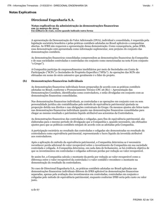 Notas Explicativas
Direcional Engenharia S.A.
Notas explicativas da administração às demonstrações financeiras
em 31 março de 2014
Em milhares de reais, exceto quando indicado outra forma
9 de 67
A apresentação da Demonstração do Valor Adicionado (DVA), individual e consolidada, é requerida pela
legislação societária brasileira e pelas práticas contábeis adotadas no Brasil aplicáveis a companhias
abertas. As IFRS não requerem a apresentação dessa demonstração. Como consequência, pelas IFRS,
essa demonstração está apresentada como informação suplementar, sem prejuízo do conjunto das
demonstrações contábeis.
As demonstrações financeiras consolidadas compreendem as demonstrações financeiras da Companhia
e de suas sociedades controladas e controladas em conjunto como mencionadas na nota 8 (em conjunto
“o Grupo”).
A Companhia participa de empreendimentos imobiliários por meio de Sociedades em Conta de
Participação (“SCPs”) e Sociedades de Propósito Específico (“SPEs”). As operações das SCPs são
efetuadas em nome do sócio ostensivo que geralmente é o líder do projeto.
(b) Demonstrações financeiras individuais
As demonstrações financeiras individuais foram preparadas de acordo com as práticas contábeis
adotadas no Brasil, conforme o Pronunciamento Técnico CPC 26 (R1) – Apresentação das
Demonstrações Contábeis, identificadas como controladora, e estão divulgadas em conjunto com as
demonstrações financeiras consolidadas.
Nas demonstrações financeiras individuais, as controladas e as operações em conjunto com ou sem
personalidade jurídica são contabilizadas pelo método de equivalência patrimonial ajustada na
proporção detida nos direitos e nas obrigações contratuais do Grupo. Os mesmos ajustes são feitos tanto
nas demonstrações financeiras individuais quanto nas demonstrações financeiras consolidadas para
chegar ao mesmo resultado e patrimônio líquido atribuível aos acionistas da Controladora.
As demonstrações financeiras das controladas e coligadas, para fins de equivalência patrimonial, são
elaboradas para o mesmo período de divulgação que a Companhia e, quando necessário, são efetuados
ajustes para que as políticas contábeis estejam de acordo com as adotadas pela Companhia.
A participação societária no resultado das controladas e coligadas são demonstradas no resultado da
controladora como equivalência patrimonial, representando o lucro líquido da investida atribuível
aos controladores.
Após a aplicação do método da equivalência patrimonial, a Companhia determina se é necessário
reconhecer perda adicional do valor recuperável sobre o investimento da Companhia em sua sociedade
controlada e coligada. A Companhia determina, em cada data de fechamento, se há evidência objetiva de
que os investimentos em controladas e coligadas sofreram perdas por redução ao valor recuperável.
Se assim for, a Companhia calcula o montante da perda por redução ao valor recuperável como a
diferença entre o valor recuperável da controlada e o valor contábil e reconhece o montante na
demonstração do resultado da controladora.
No caso de Direcional Engenharia S.A., as práticas contábeis adotadas no Brasil aplicadas nas
demonstrações financeiras individuais diferem do IFRS aplicável às demonstrações financeiras
separadas, apenas pela avaliação dos investimentos em controladas, controladas em conjunto e
coligadas pelo método de equivalência patrimonial, enquanto conforme IFRS seria pelo custo ou valor
justo.
PÁGINA: 62 de 124
ITR - Informações Trimestrais - 31/03/2014 - DIRECIONAL ENGENHARIA SA Versão : 1
 
