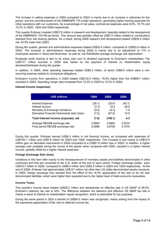 The increase in selling expenses in 2Q04 compared to 2Q03 is mainly due to an increase in deliveries for the
period, and the commencement of the EMBRAER 170 model operations, generating higher training expenses for
initial operations with our customers. As a percentage of net sales, commercial expenses were 9.6%, 10.7% and
10.3% in 2Q03, 1Q04 and 2Q04 respectively.
This quarter Embraer invested US$37.8 million in research and development, basically related to the development
of the EMBRAER 170/190 jet family. This amount was partially offset by US$7.4 million related to contributions
received from risk sharing partners. As a result, during 2Q04 research and development totaled US$30.4 million
net, 40.9% lower than 2Q03.
During the quarter, general and administrative expenses totaled US$32.4 million, compared to US$25.8 million in
2Q03. The increase in administrative expenses during 2Q04 is mainly due to an adjustment of 17% in
employees salaries in Reais last November, as well as, the Real/Dollar average exchange rate depreciation.
Employee profit sharing is tied to its action plan and to dividend payments to Embraer’s shareholders. The
US$15.7 million accrued in 2Q04 was based on the payment of interest on shareholders’ equity
declared/distributed during the quarter.
In addition, in 2Q04, other operating expenses totaled US$5.3 million, of which US$4.6 million were a non-
recurring expense related to contractual obligations.
Embraer’s income from operations in 2Q04 totaled US$122.5 million, 75.8% higher than the US$69.7 million
recorded in 2Q03. Operating margin also increased from 12.3% in 2Q03 to 13.3% in 2Q04.
Interest Income (expenses)


                             US$ millions                     1Q04         2Q03        2Q04

              Interest Expense                                  (28.1)       (32.6)       (42.1)
              Interest Income                                     31.9         18.4         28.8
              Monetary & Exchange Variations                     (3.9)        (4.3)          7.6
              Derivative Financial Instruments Gain (loss)       (7.5)       (81.6)         10.0
              Total Interest Income (expense), net               (7.6)      (100.1)         4.3
              Average R$/US$ exchange rate                     2.8945       2.9854       3.0474
              Final period R$/US$ exchange rate                2.9086       2.8720       3.1075


During this quarter, Embraer earned US$4.3 million in net financial income, as compared with expenses of
US$100.1 million and US$7.6 million for 2Q03 and 1Q04, respectively. This increase is due mainly to US$10.0
million gain on derivative instruments in 2Q04 compared to a US$81.6 million loss in 2Q03. In addition, a higher
average cash available during the course of the quarter when compared with 2Q03, resulted in a higher interest
income, partially offset by a higher interest expenses.
Foreign Exchange Gain (loss)
Variations in this item refer mainly to the remeasurement of monetary assets and liabilities denominated in other
currencies and that are converted to the U.S. dollar at the end of each period. Foreign exchange losses were
US$16.7 million in 2Q04, compared to US$9.4 million and US$2.2 million in 2Q03 and 1Q04 respectively. At the
end of 2Q04, Embraer had approximately US$121 million net other than US dollar-denominated assets exposure.
In 2Q03, foreign exchange loss resulted from the effect of the 14.3% appreciation of the real on its net real-
denominated liabilities, which were higher than expected due to the higher level of trade accounts receivables.

Income Taxes
This quarter’s income taxes totaled US$29.2 million and represented an effective rate in US GAAP of 26.5%.
Embraer’s statutory tax rate is 34%. The difference between the statutory and effective US GAAP tax rate is
mainly a result of interest on shareholders’ equity recognition, which is deductible for tax purposes.
During the same period in 2003 a benefit of US$44.5 million was recognized, mainly arising from the impact of
the expressive appreciation of the real on deferred income tax.




                                                                                                   Page 4 of 14
 
