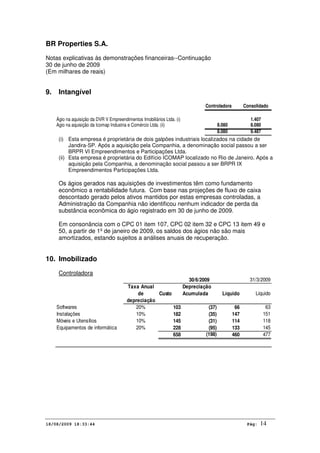 BR Properties S.A.
Notas explicativas às demonstrações financeiras--Continuação
30 de junho de 2009
(Em milhares de reais)
18/08/2009 18:33:44 Pág: 14
9. Intangível
Controladora Consolidado
Ágio na aquisição da DVR V Empreendimentos Imobiliários Ltda. (i) 1.407
Ágio na aquisição da Icomap Industria e Comércio Ltda. (ii) 8.080 8.080
8.080 9.487
(i) Esta empresa é proprietária de dois galpões industriais localizados na cidade de
Jandira-SP. Após a aquisição pela Companhia, a denominação social passou a ser
BRPR VI Empreendimentos e Participações Ltda.
(ii) Esta empresa é proprietária do Edifício ICOMAP localizado no Rio de Janeiro. Após a
aquisição pela Companhia, a denominação social passou a ser BRPR IX
Empreendimentos Participações Ltda.
Os ágios gerados nas aquisições de investimentos têm como fundamento
econômico a rentabilidade futura. Com base nas projeções de fluxo de caixa
descontado gerado pelos ativos mantidos por estas empresas controladas, a
Administração da Companhia não identificou nenhum indicador de perda da
substância econômica do ágio registrado em 30 de junho de 2009.
Em consonância com o CPC 01 item 107, CPC 02 item 32 e CPC 13 item 49 e
50, a partir de 1º de janeiro de 2009, os saldos dos ágios não são mais
amortizados, estando sujeitos a análises anuais de recuperação.
10. Imobilizado
Controladora
31/3/2009
Taxa Anual Depreciação
de Custo Acumulada Líquido Líquido
depreciação
Softwares 20% 103 (37) 66 63
Instalações 10% 182 (35) 147 151
Móveis e Utensílios 10% 145 (31) 114 118
Equipamentos de informática 20% 228 (95) 133 145
658 (198) 460 477
30/6/2009
 
