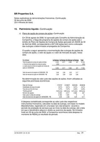 BR Properties S.A.
Notas explicativas às demonstrações financeiras--Continuação
30 de junho de 2009
(Em milhares de reais)
18/08/2009 18:33:44 Pág: 20
15. Patrimônio líquido--Continuação
c) Plano de opção de compra de ações--Continuação
Em 29 de agosto de 2008, foi aprovado pelo Conselho da Administração da
Companhia, o Segundo programa de opções de compra de ações sob o
âmbito do Plano de Opções de Compra de Ações aprovado em AGOE de 30
de Abril de 2008, correspondente a 647.248 ações bem como a alocação
das outorgas a determinados empregados da Companhia.
O quadro a seguir apresenta a movimentação das outorgas de opções de
compra de ações, o valor da opção e o valor de mercado da ação, nessa
data:
Em milhares 1a Outorga 2a Outorga 3a Outorga 4a Outorga Total
Total de opções de compra de ações emitidas 9.440 4.517 3.560 647 18.164
(-) Exercício das opções de compra de ações (230) - - - (230)
(=) saldo atual do número de opções de compra de
ações em 30/06/2009 9.209 4.517 3.560 647 17.934
Valor de exercício da opção em 30/06/2009 - R$ 2,48 2,46 3,25 3,17
Valor de mercado da ação em 30/06/2009 - R$ 3,09 3,09 3,09 3,09
Na determinação do valor justo das opções de ações, foram utilizadas as
seguintes premissas econômicas:
Data da Outorga 17/07/07 31/08/07 30/05/08 29/08/08
Volatilidade do preço da ação 3,01% 3,01% 3,01% 3,01%
Taxa de juro livre de risco 7,47% 7,47% 4,24% 4,24%
"Vesting period" 3,54 anos 3,66 anos 4,41 anos 4,66 anos
Número de opções 9.440 4.517 3.560 647
Valor justo na data da outorga 3.183 1.491 0 0
Valor de exercício da opção em 30/06/2009 - R$ 2,48 2,46 3,25 3,17
A despesa contabilizada corresponde ao valor justo dos respectivos
instrumentos financeiros, calculado na data da outorga, com base no modelo
Black&Scholes, registrado em uma base “pro rata temporis”, durante o
período de prestação de serviços que se inicia na data da outorga, até a data
em que o beneficiário adquire o direito ao exercício da opção. No trimestre
findo em 30 de junho de 2009, a Companhia reconheceu esta despesa no
montante de R$300 no resultado do período.
 