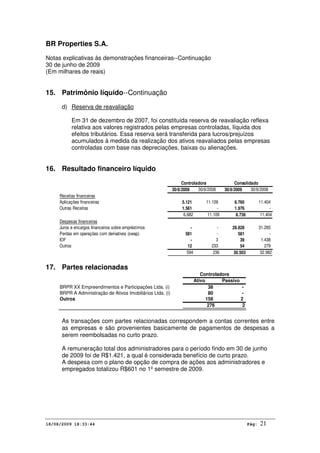 BR Properties S.A.
Notas explicativas às demonstrações financeiras--Continuação
30 de junho de 2009
(Em milhares de reais)
18/08/2009 18:33:44 Pág: 21
15. Patrimônio líquido--Continuação
d) Reserva de reavaliação
Em 31 de dezembro de 2007, foi constituída reserva de reavaliação reflexa
relativa aos valores registrados pelas empresas controladas, líquida dos
efeitos tributários. Essa reserva será transferida para lucros/prejuízos
acumulados à medida da realização dos ativos reavaliados pelas empresas
controladas com base nas depreciações, baixas ou alienações.
16. Resultado financeiro líquido
30/6/2009 30/6/2008 30/6/2009 30/6/2008
Receitas financeiras
Aplicações financeiras 5.121 11.109 6.760 11.404
Outras Receitas 1.561 - 1.976 -
6.682 11.109 8.736 11.404
Despesas financeiras
Juros e encargos financeiros sobre empréstimos - - 29.828 31.265
Perdas em operações com derivativos (swap) 581 - 581 -
IOF - 3 39 1.438
Outros 12 233 54 279
594 236 30.503 32.982
Controladora Consolidado
17. Partes relacionadas
Ativo Passivo
BRPR XX Empreendimentos e Participações Ltda. (i) 38 -
BRPR A Administração de Ativos Imobiliários Ltda. (i) 80 -
Outros 158 2
276 2
Controladora
As transações com partes relacionadas correspondem a contas correntes entre
as empresas e são provenientes basicamente de pagamentos de despesas a
serem reembolsadas no curto prazo.
A remuneração total dos administradores para o período findo em 30 de junho
de 2009 foi de R$1.421, a qual é considerada benefício de curto prazo.
A despesa com o plano de opção de compra de ações aos administradores e
empregados totalizou R$601 no 1º semestre de 2009.
 