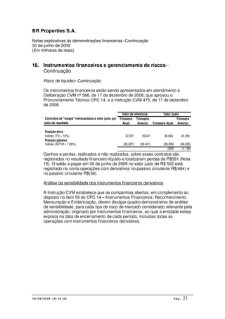 BR Properties S.A.
Notas explicativas às demonstrações financeiras--Continuação
30 de junho de 2009
(Em milhares de reais)
18/08/2009 18:33:44 Pág: 23
18. Instrumentos financeiros e gerenciamento de riscos--
Continuação
Risco de liquidez--Continuação
Os instrumentos financeiros estão sendo apresentados em atendimento à
Deliberação CVM nº 566, de 17 de dezembro de 2008, que aprovou o
Pronunciamento Técnico CPC 14, e a instrução CVM 475, de 17 de dezembro
de 2008.
Posição ativa
Índices (TR + 10%) 32.297 39.421 38.094 45.259
Posição passiva -
Índices (IGP-M + 7,06%) (32.297) (39.421) (38.596) (46.395)
- - (502) (1.136)
Contratos de "swaps" mensuarados a valor justo por
meio do resultado
Valor de referência Valor Justo
Trimestre
Atual
Trimestre
Anterior Trimestre Atual
Trimestre
Anterior
Ganhos e perdas, realizados e não realizados, sobre esses contratos são
registrados no resultado financeiro líquido e totalizaram perdas de R$581 (Nota
16). O saldo a pagar em 30 de junho de 2009 no valor justo de R$ 502 está
registrado na conta operações com derivativos no passivo circulante R$(464) e
no passivo circulante R$(38).
Análise da sensibilidade dos instrumentos financeiros derivativos
A Instrução CVM estabelece que as companhias abertas, em complemento ao
disposto no item 59 do CPC 14 – Instrumentos Financeiros: Reconhecimento,
Mensuração e Evidenciação, devem divulgar quadro demonstrativo de análise
de sensibilidade, para cada tipo de risco de mercado considerado relevante pela
administração, originado por instrumentos financeiros, ao qual a entidade esteja
exposta na data de encerramento de cada período, incluídas todas as
operações com instrumentos financeiros derivativos.
 