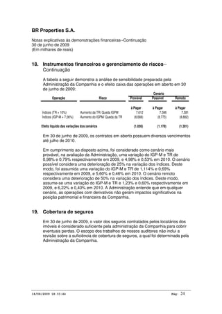 BR Properties S.A.
Notas explicativas às demonstrações financeiras--Continuação
30 de junho de 2009
(Em milhares de reais)
18/08/2009 18:33:44 Pág: 24
18. Instrumentos financeiros e gerenciamento de riscos--
Continuação
A tabela a seguir demonstra a análise de sensibilidade preparada pela
Administração da Companhia e o efeito caixa das operações em aberto em 30
de junho de 2009:
Operação Risco Provável Possível Remoto
à Pagar
Índices (TR + 10%) Aumento da TR/ Queda IGPM 7.612 7.596 7.581
Índices (IGP-M + 7,06%) Aumento do IGPM/ Queda da TR (8.668) (8.775) (8.882)
Efeito líquido das variações dos cenários (1.056) (1.178) (1.301)
Cenário
à Pagar à Pagar
Em 30 de junho de 2009, os contratos em aberto possuem diversos vencimentos
até julho de 2010.
Em cumprimento ao disposto acima, foi considerado como cenário mais
provável, na avaliação da Administração, uma variação do IGP-M e TR de
0,98% e 0,79% respectivamente em 2009, e 4,98% e 0,53% em 2010. O cenário
possível considera uma deterioração de 25% na variação dos índices. Deste
modo, foi assumida uma variação do IGP-M e TR de 1,114% e 0,69%
respectivamente em 2009, e 5,60% e 0,46% em 2010. O cenário remoto
considera uma deterioração de 50% na variação dos índices. Deste modo,
assume-se uma variação do IGP-M e TR e 1,23% e 0,60% respectivamente em
2009, e 6,22% e 0,40% em 2010. A Administração entende que em qualquer
cenário, as operações com derivativos não geram impactos significativos na
posição patrimonial e financeira da Companhia.
19. Cobertura de seguros
Em 30 de junho de 2009, o valor dos seguros contratados pelos locatários dos
imóveis é considerado suficiente pela administração da Companhia para cobrir
eventuais perdas. O escopo dos trabalhos de nossos auditores não inclui a
revisão sobre a suficiência de cobertura de seguros, a qual foi determinada pela
Administração da Companhia.
 