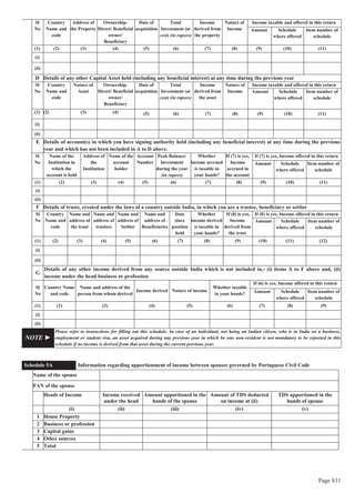 Page S11
Sl
No
Country
Name and
code
Address of
the Property
Ownership-
Direct/ Beneficial
owner/
Beneficiary
Date of
acquisition
Total
Investment (at
cost) (in rupees)
Income
derived from
the property
Nature of
Income
Income taxable and offered in this return
Amount Schedule
where offered
Item number of
schedule
(1) (2) (3) (4) (5) (6) (7) (8) (9) (10) (11)
(i)
(ii)
D Details of any other Capital Asset held (including any beneficial interest) at any time during the previous year
Sl
No
Country
Name and
code
Nature of
Asset
Ownership-
Direct/ Beneficial
owner/
Beneficiary
Date of
acquisition
Total
Investment (at
cost) (in rupees)
Income
derived from
the asset
Nature of
Income
Income taxable and offered in this return
Amount Schedule
where offered
Item number of
schedule
(1) (2) (3) (4) (5) (6) (7) (8) (9) (10) (11)
(i)
(ii)
E Details of account(s) in which you have signing authority held (including any beneficial interest) at any time during the previous
year and which has not been included in A to D above.
Sl
No
Name of the
Institution in
which the
account is held
Address of
the
Institution
Name of the
account
holder
Account
Number
Peak Balance/
Investment
during the year
(in rupees)
Whether
income accrued
is taxable in
your hands?
If (7) is yes,
Income
accrued in
the account
If (7) is yes, Income offered in this return
Amount Schedule
where offered
Item number of
schedule
(1) (2) (3) (4) (5) (6) (7) (8) (9) (10) (11)
(i)
(ii)
F Details of trusts, created under the laws of a country outside India, in which you are a trustee, beneficiary or settlor
Sl
No
Country
Name and
code
Name and
address of
the trust
Name and
address of
trustees
Name and
address of
Settlor
Name and
address of
Beneficiaries
Date
since
position
held
Whether
income derived
is taxable in
your hands?
If (8) is yes,
Income
derived from
the trust
If (8) is yes, Income offered in this return
Amount Schedule
where offered
Item number of
schedule
(1) (2) (3) (4) (5) (6) (7) (8) (9) (10) (11) (12)
(i)
(ii)
G
Details of any other income derived from any source outside India which is not included in,- (i) items A to F above and, (ii)
income under the head business or profession
Sl
No
Country Name
and code
Name and address of the
person from whom derived
Income derived Nature of income
Whether taxable
in your hands?
If (6) is yes, Income offered in this return
Amount Schedule
where offered
Item number of
schedule
(1) (2) (3) (4) (5) (6) (7) (8) (9)
(i)
(ii)
NOTE ►
Please refer to instructions for filling out this schedule. In case of an individual, not being an Indian citizen, who is in India on a business,
employment or student visa, an asset acquired during any previous year in which he was non-resident is not mandatory to be reported in this
schedule if no income is derived from that asset during the current previous year.
Schedule 5A Information regarding apportionment of income between spouses governed by Portuguese Civil Code
Name of the spouse
PAN of the spouse
Heads of Income Income received
under the head
Amount apportioned in the
hands of the spouse
Amount of TDS deducted
on income at (ii)
TDS apportioned in the
hands of spouse
(i) (ii) (iii) (iv) (v)
1 House Property
2 Business or profession
3 Capital gains
4 Other sources
5 Total
 