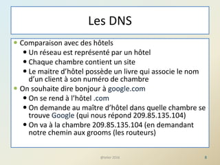 Les DNS
 Comparaison avec des hôtels
 Un réseau est représenté par un hôtel
 Chaque chambre contient un site
 Le maitre d’hôtel possède un livre qui associe le nom
d’un client à son numéro de chambre
 On souhaite dire bonjour à google.com
 On se rend à l’hôtel .com
 On demande au maître d’hôtel dans quelle chambre se
trouve Google (qui nous répond 209.85.135.104)
 On va à la chambre 209.85.135.104 (en demandant
notre chemin aux grooms (les routeurs)
8@telier 2016
 