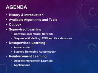AGENDA
• History & Introduction
• Available Algorithms and Tools
• Outlook
• Supervised Learning
• Convolutional Neural Network
• Sequence Modelling: RNN and its extensions
• Unsupervised Learning
• Autoencoder
• Stacked Denoising Autoencoder
• Reinforcement Learning
• Deep Reinforcement Learning
• Applications
 