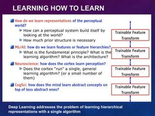 LEARNING HOW TO LEARN
Deep Learning addresses the problem of learning hierarchical
representations with a single algorithm
 