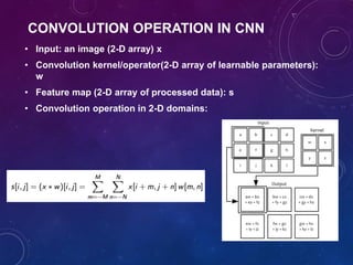 CONVOLUTION OPERATION IN CNN
• Input: an image (2-D array) x
• Convolution kernel/operator(2-D array of learnable parameters):
w
• Feature map (2-D array of processed data): s
• Convolution operation in 2-D domains:
 