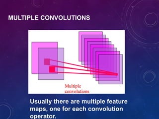 MULTIPLE CONVOLUTIONS
Usually there are multiple feature
maps, one for each convolution
operator.
 